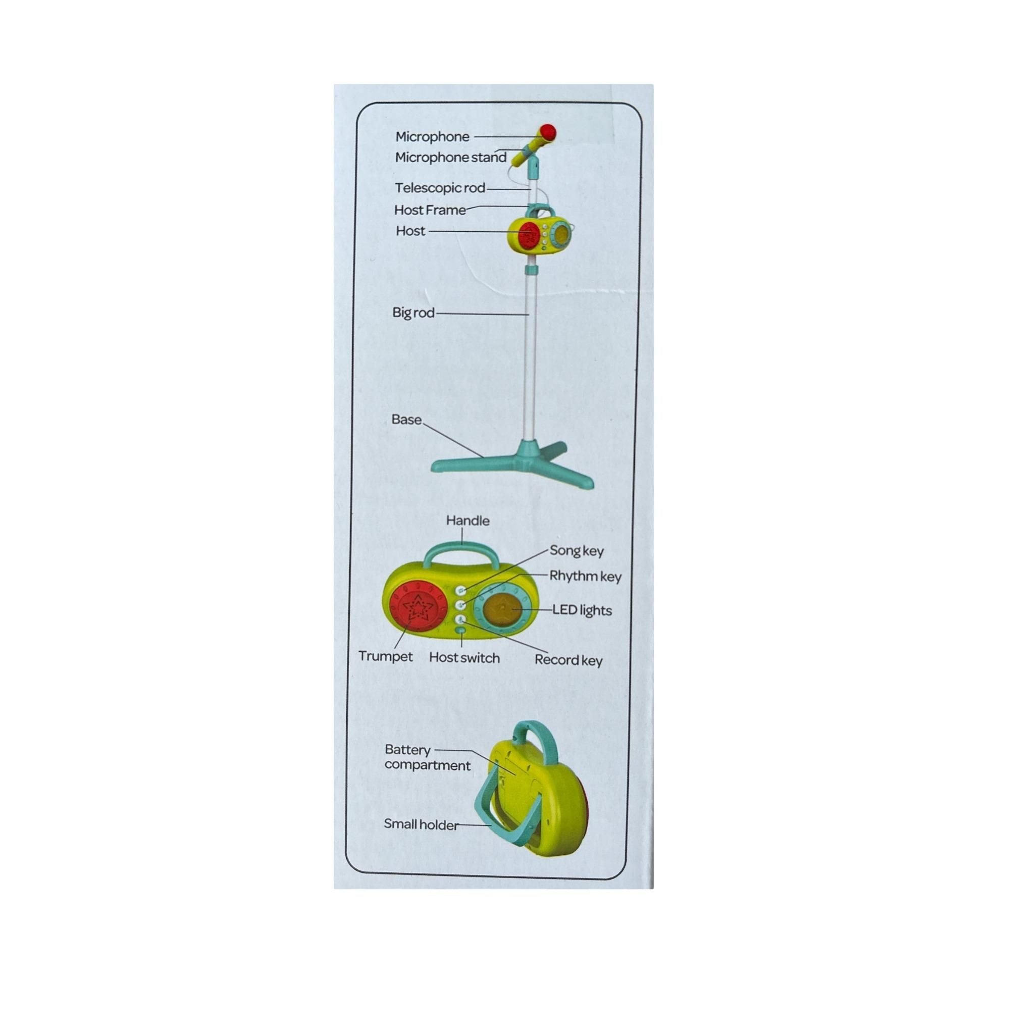 Diagram of a children's toy with labeled parts on a white background