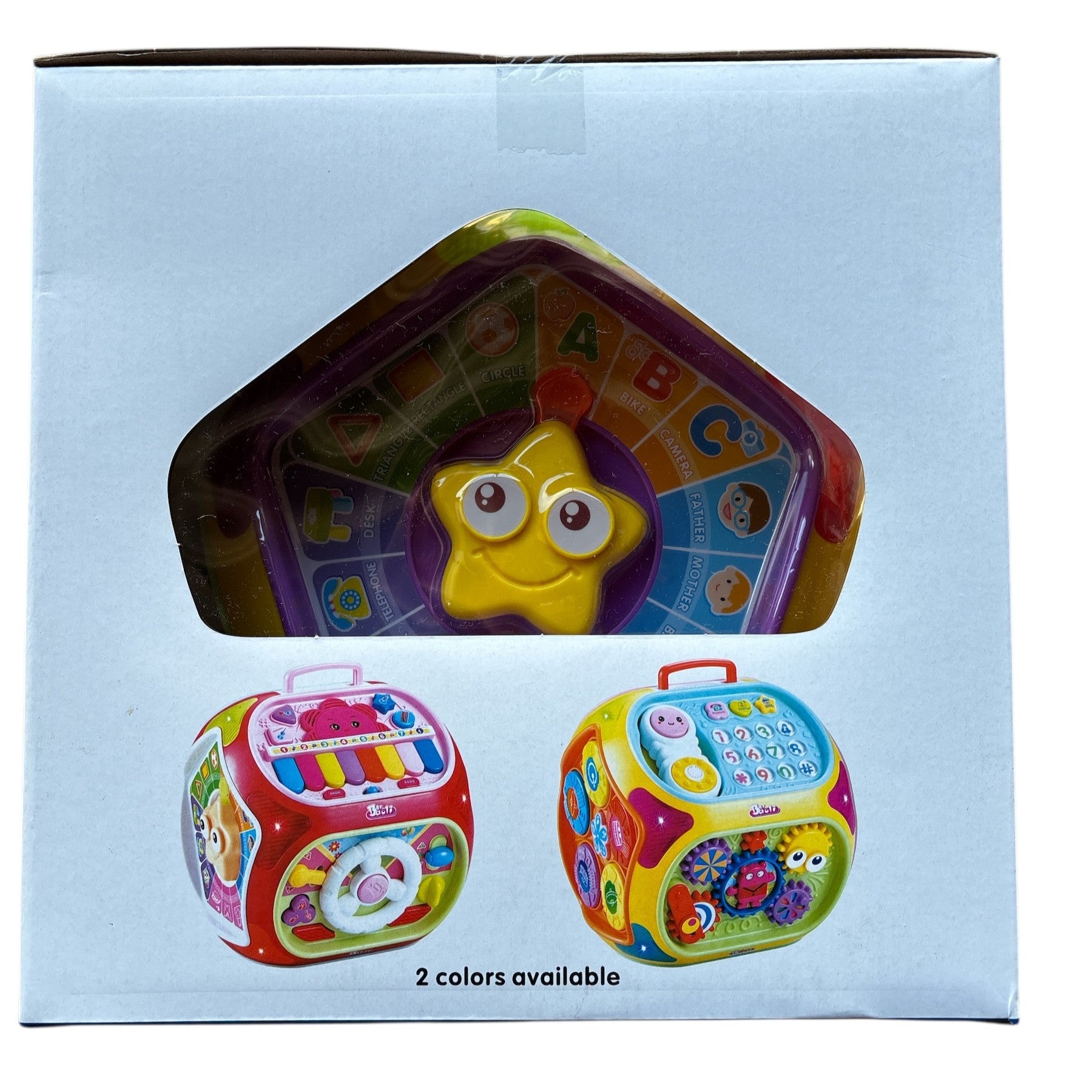 Children's toy set in a box with colorful toys and a star-shaped character.