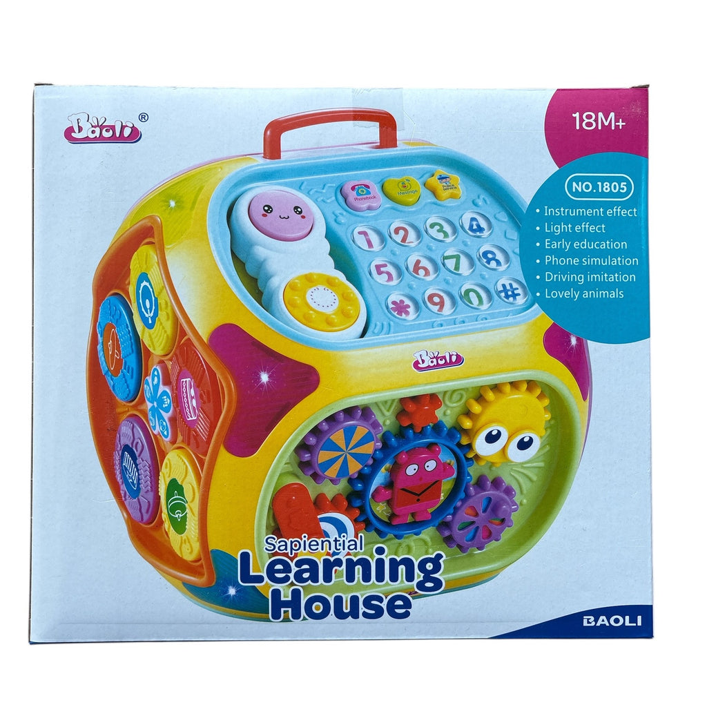 Colorful toy packaging for 'Learning House' with educational features on a white background