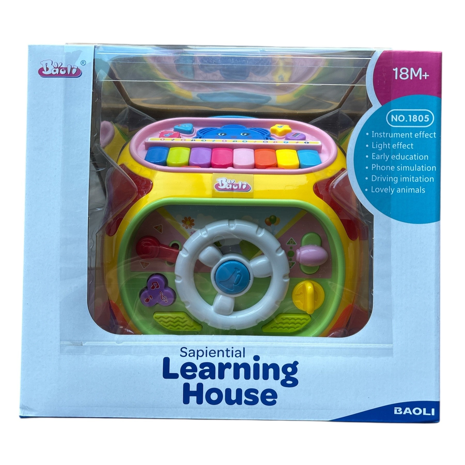 Colorful toy with keyboard and steering wheel in packaging, brand 'Sapiential' visible