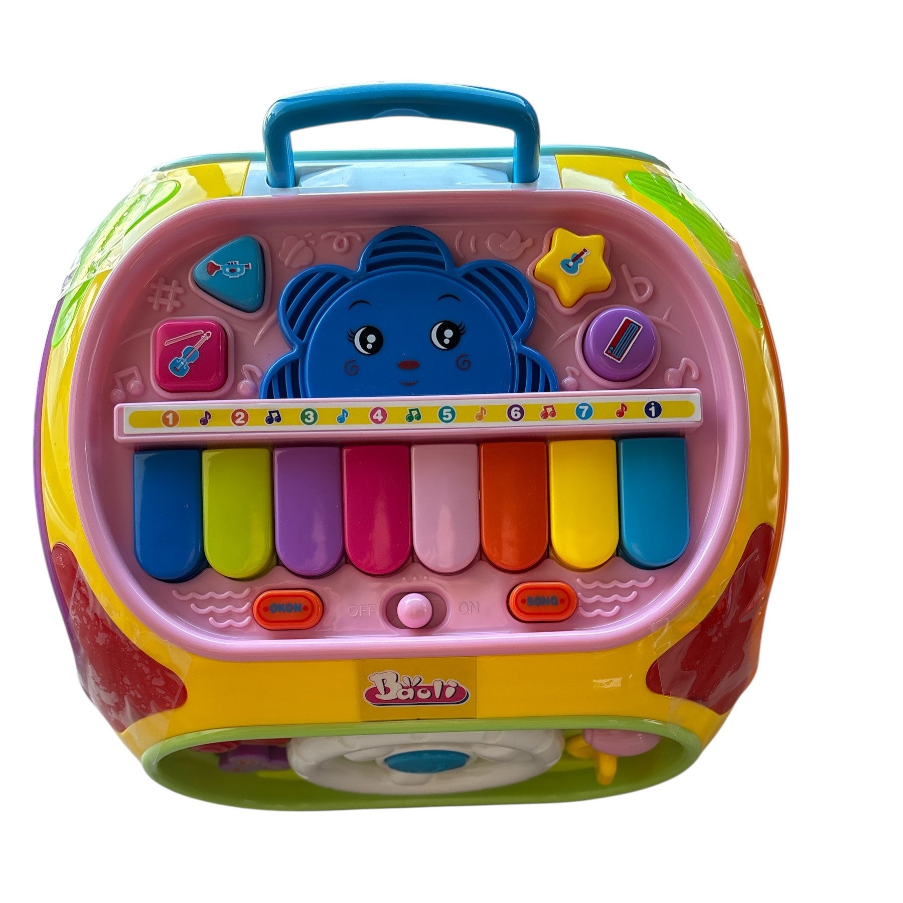 Colorful toy keyboard with cartoon character on a white background