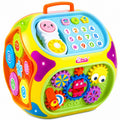 Colorful toy cube with various interactive elements on a white background