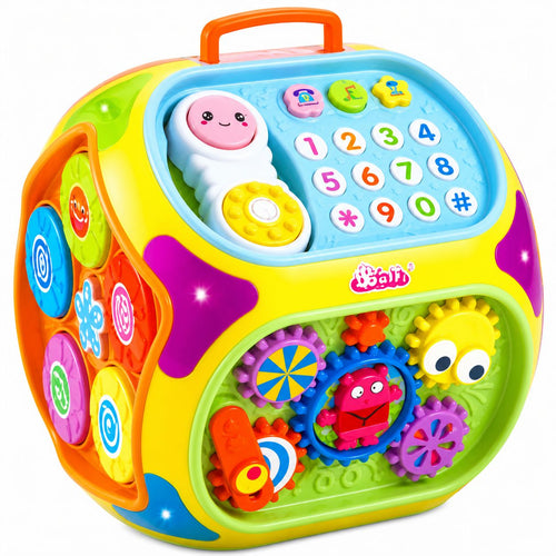 Colorful toy cube with various interactive elements on a white background