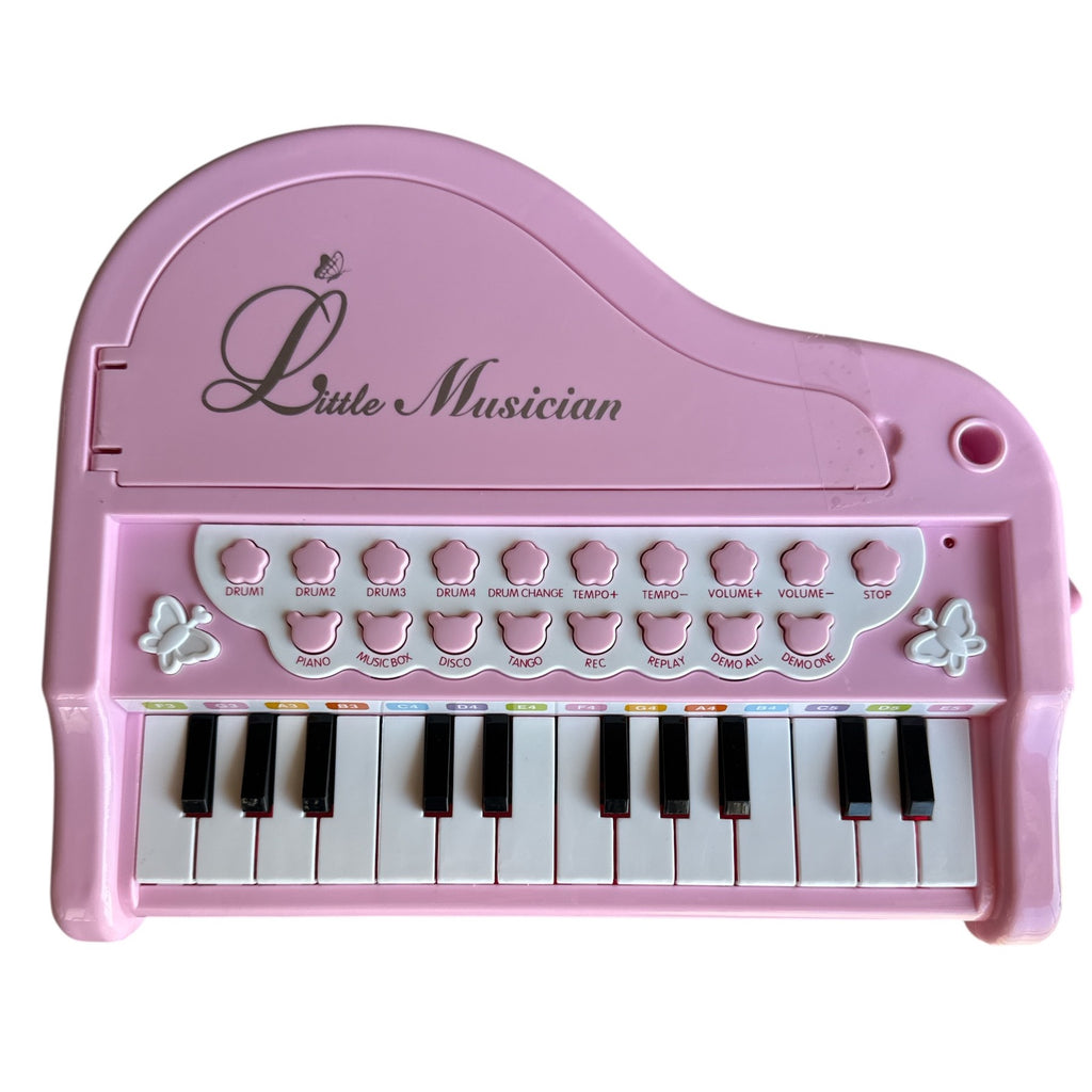 Pink toy piano with keyboard and control buttons on a white background