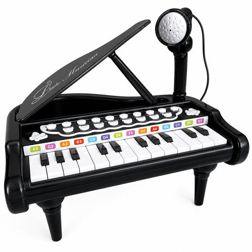 Toy piano with keyboard and microphone on a white background