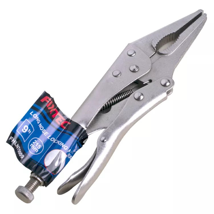 Locking pliers with a brand label on a white background
