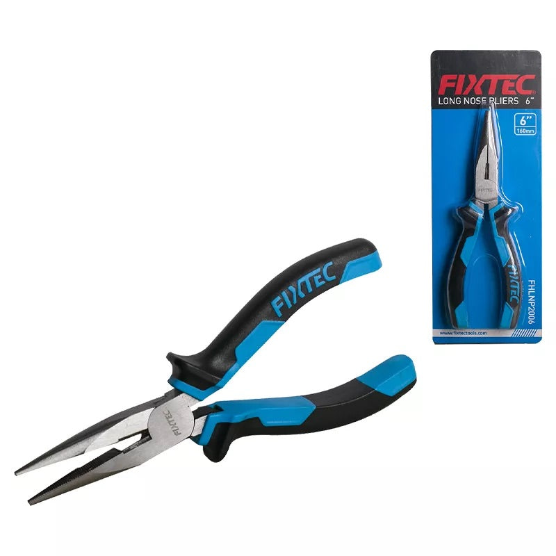 FIXTEC long nose pliers with blue and black handles and packaging on a white background