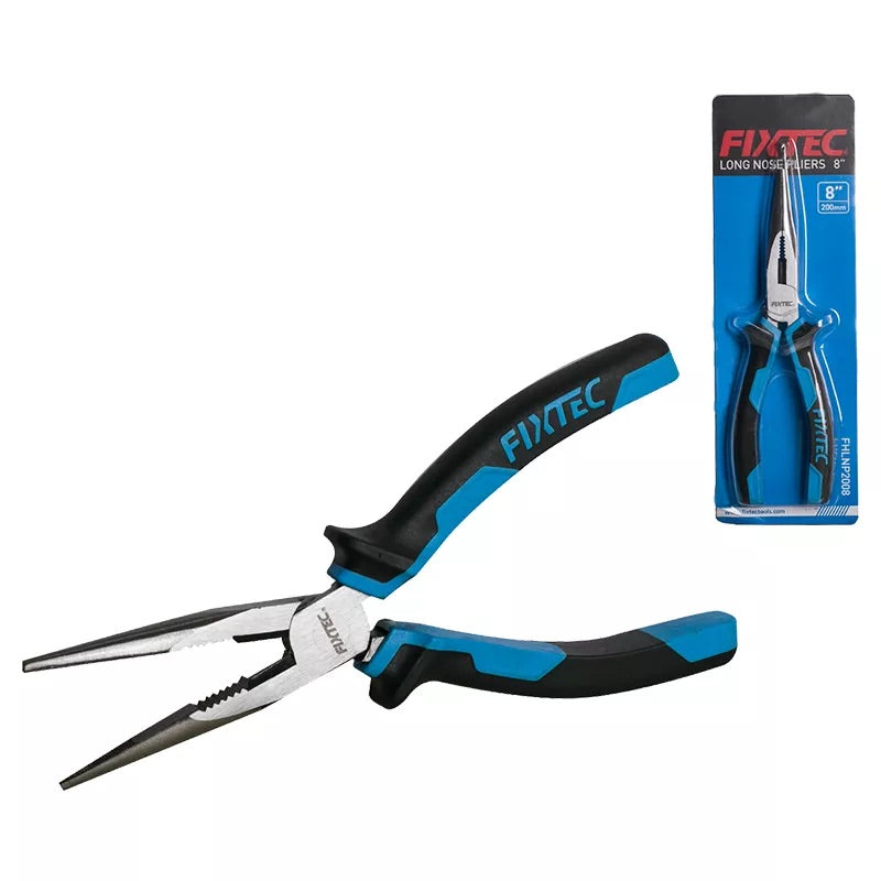 Fixtec long nose pliers with black and blue handles on a white background