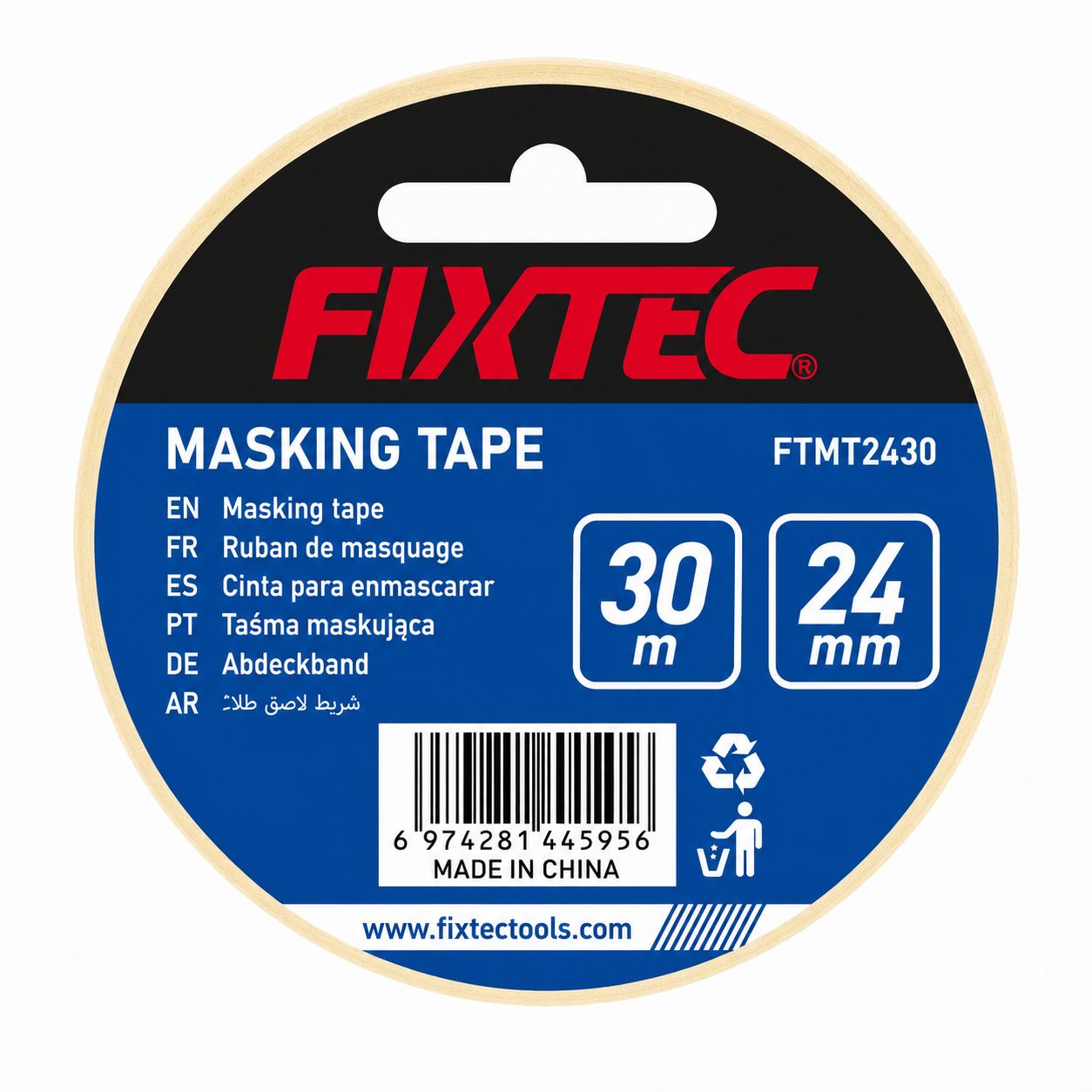 FIXTEC masking tape packaging with specifications on a white background