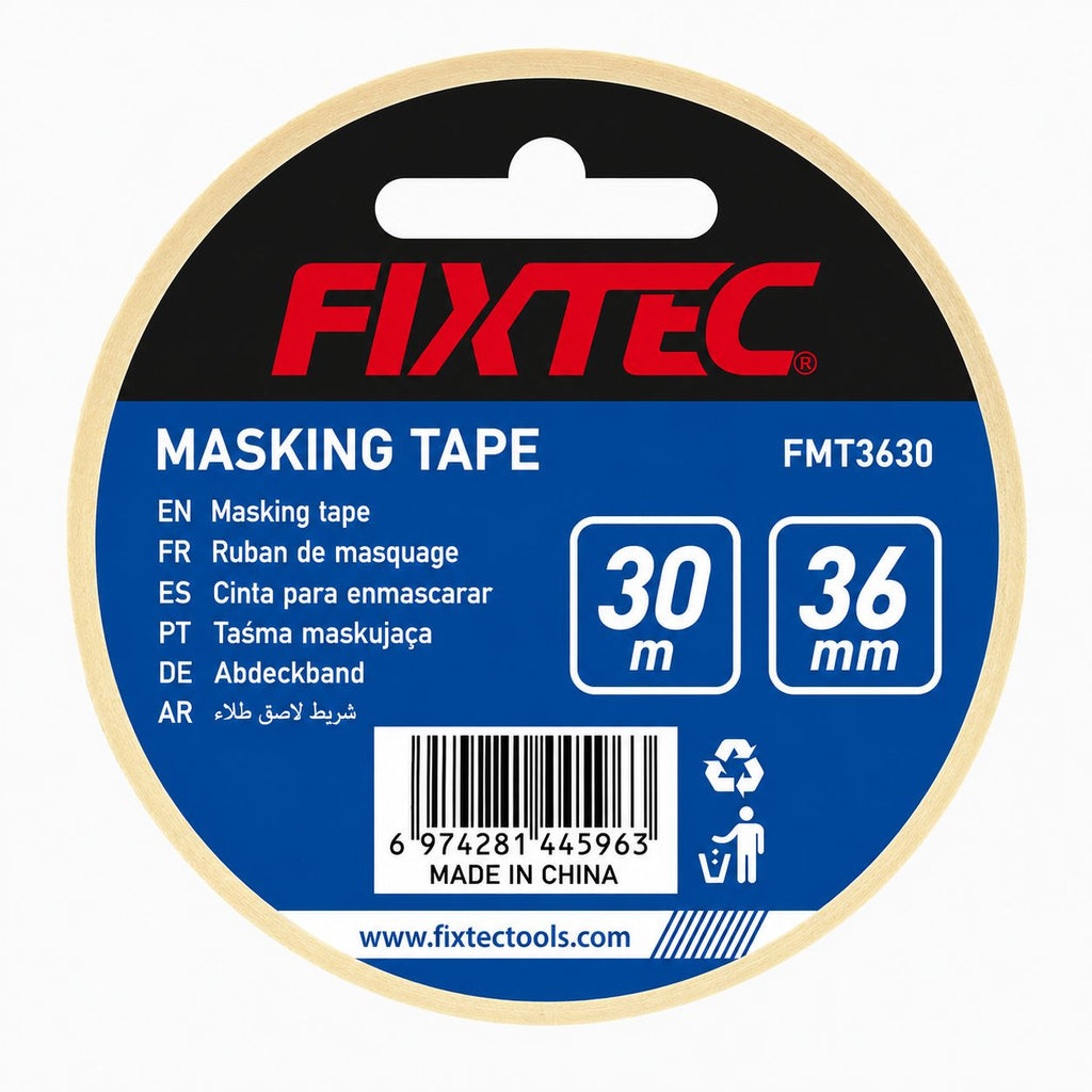 FIXTEC masking tape packaging with product details on a white background
