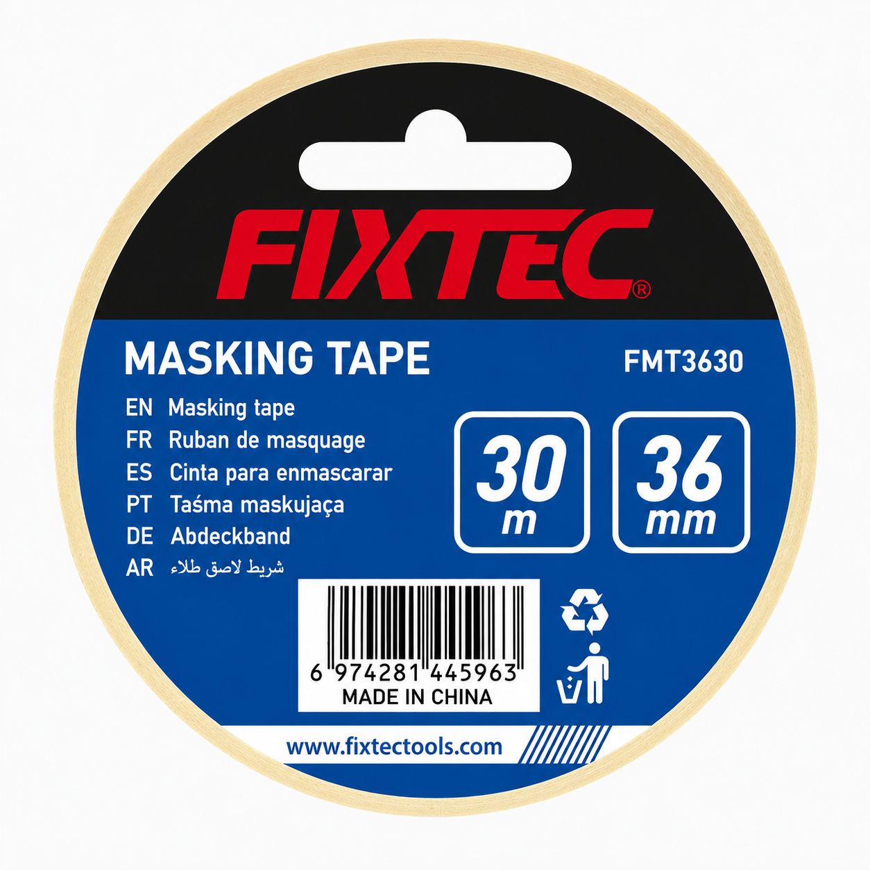 FIXTEC masking tape packaging with product details on a white background