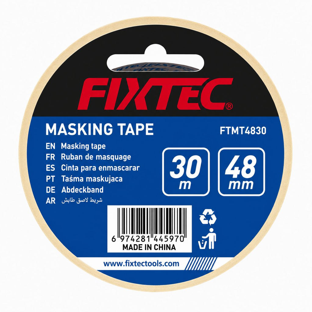 Fixtec masking tape packaging with blue label and beige border