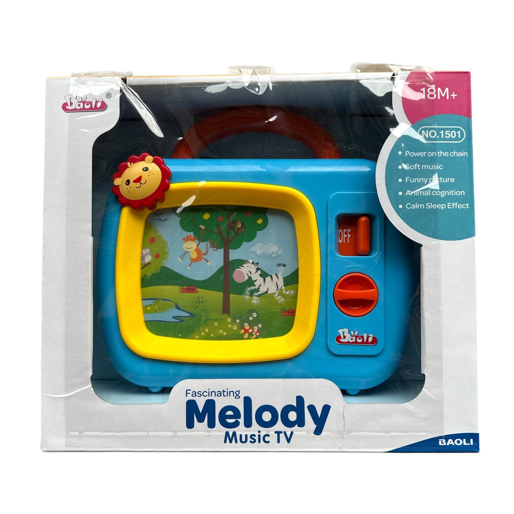 Toy TV with animal illustrations in packaging, brand 'BAOLI' visible