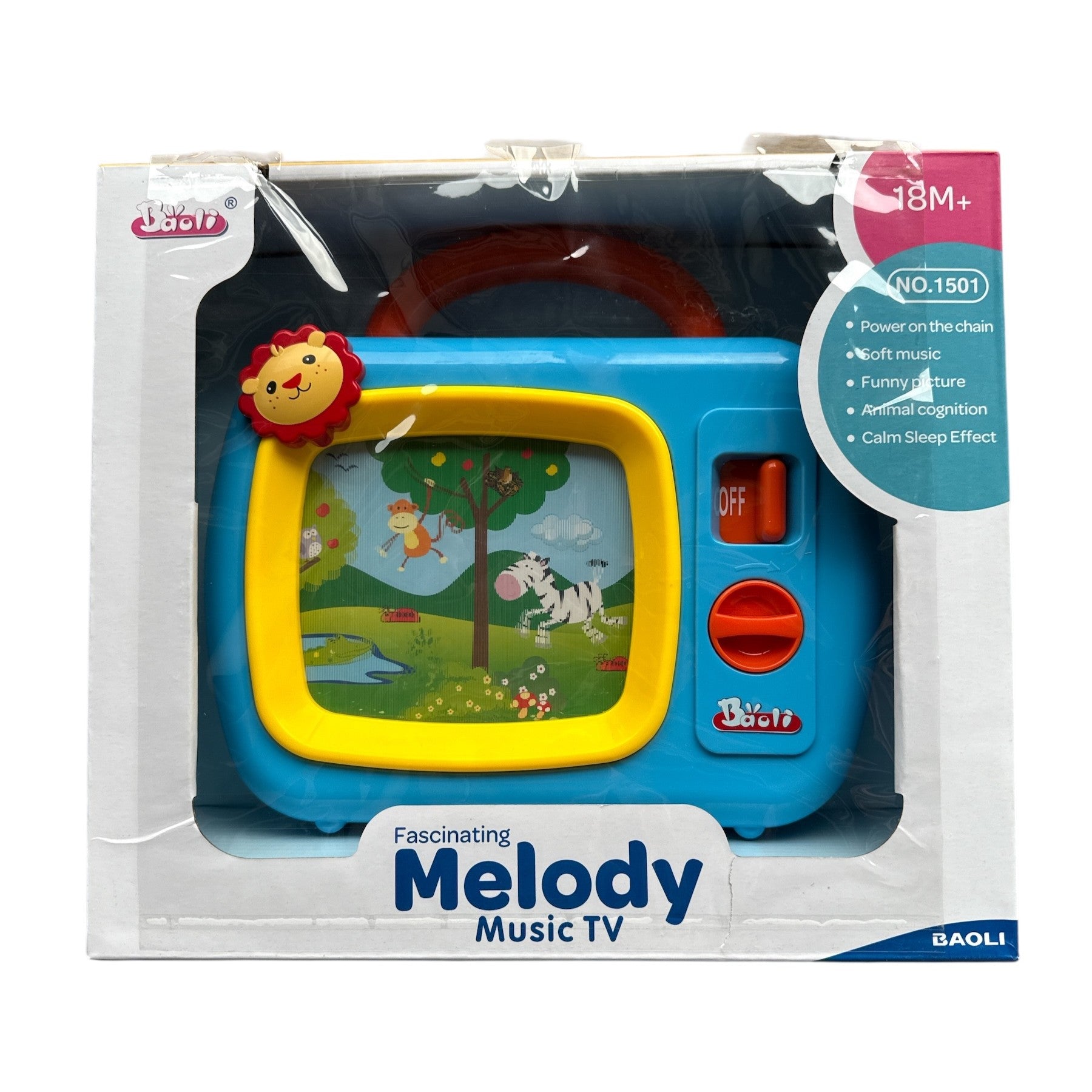 Toy TV with animal illustrations in packaging, brand 'BAOLI' visible