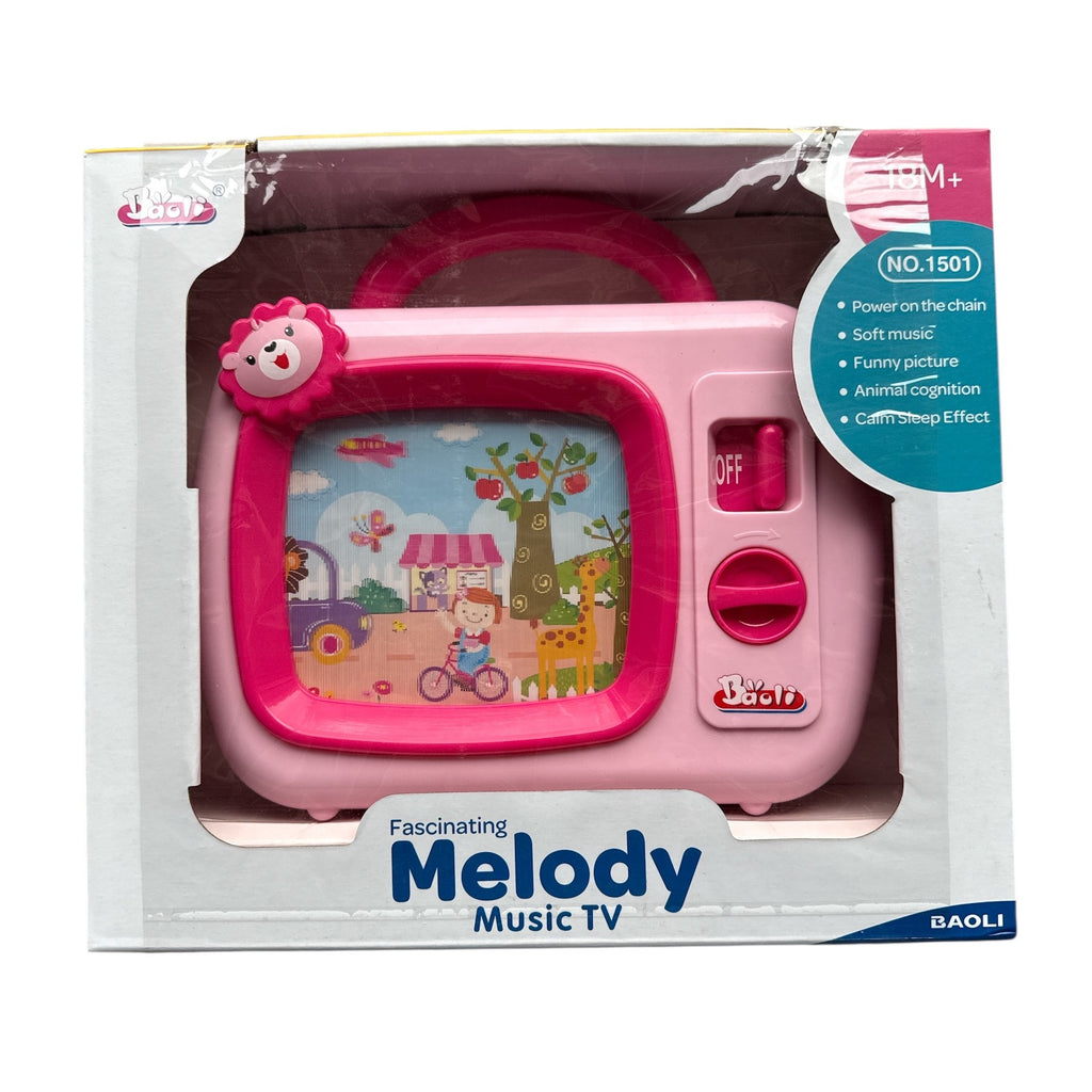 Pink toy TV with teddy bear on top, displayed in packaging with 'Melody Music TV' branding.