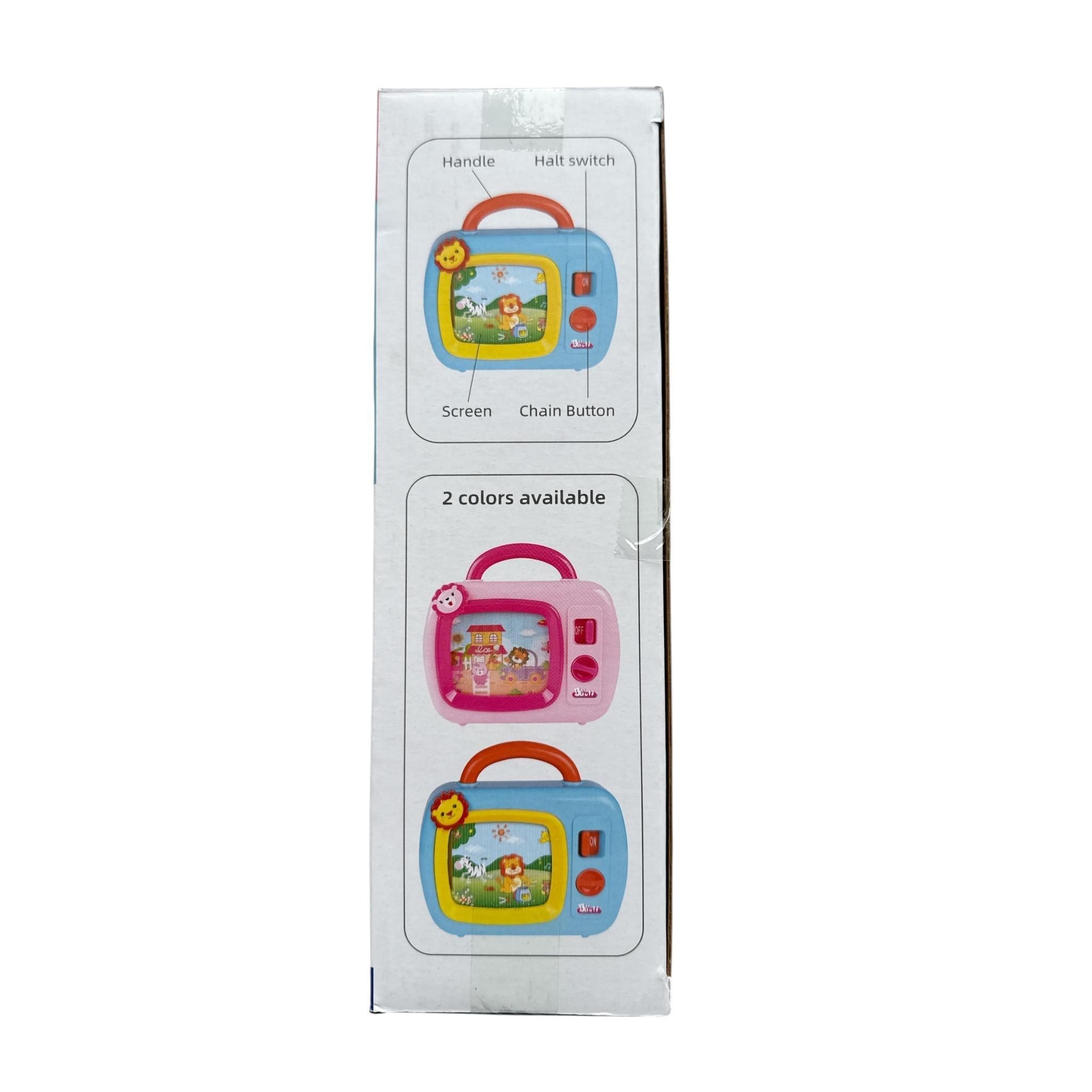Product packaging with toy TV design on a white background