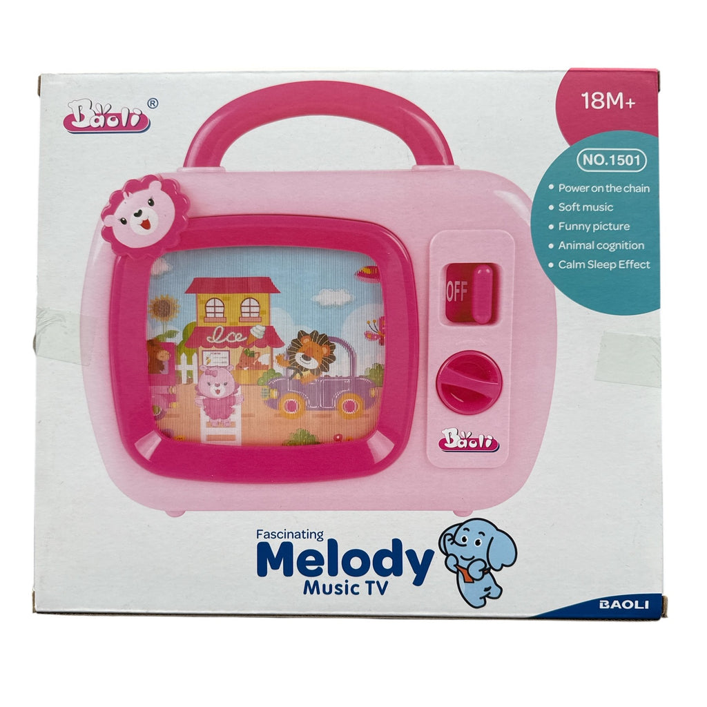 Pink toy TV with handle on a white background, featuring the brand 'Melody Music TV' and 'BAOLI'.