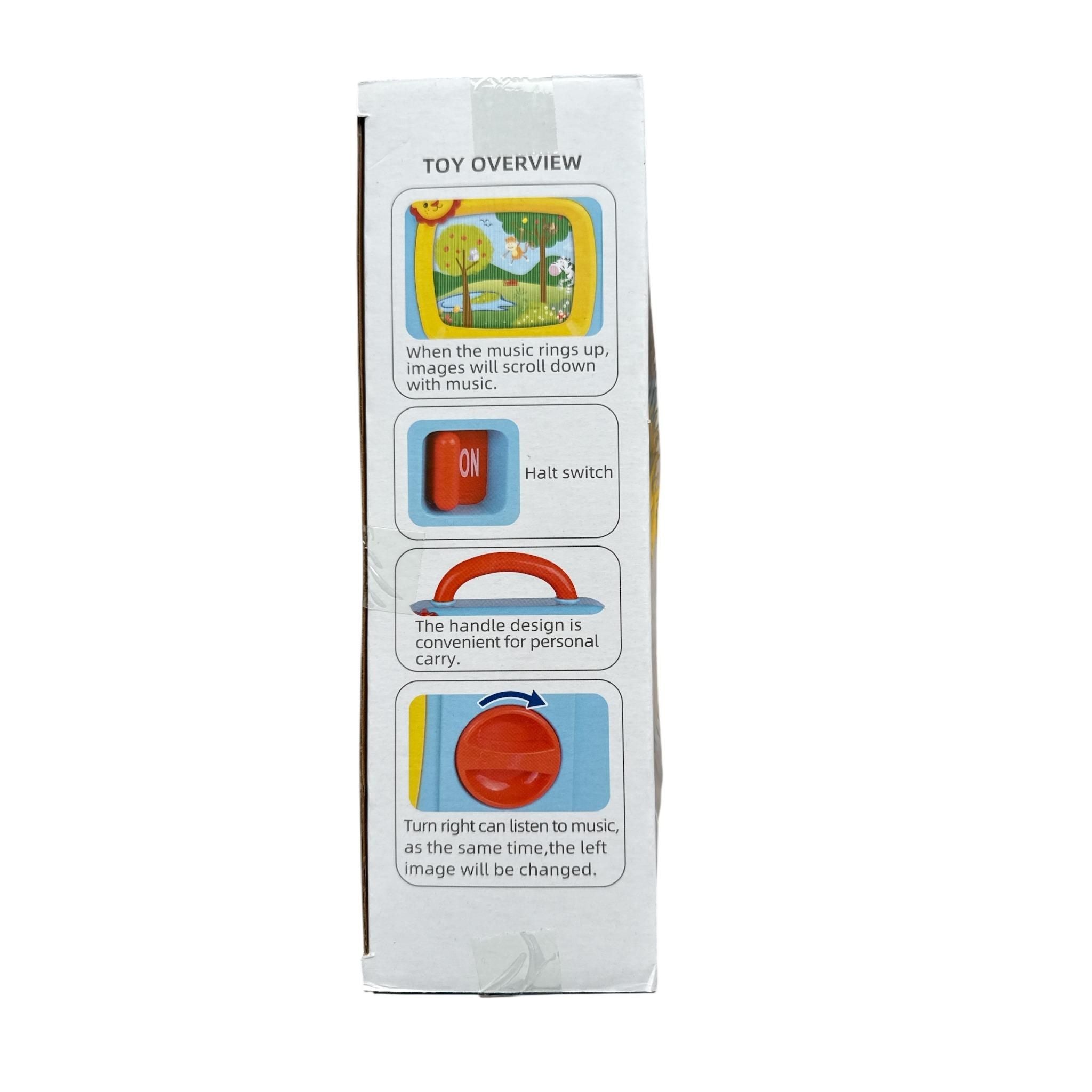 Box with toy overview and features on a white background
