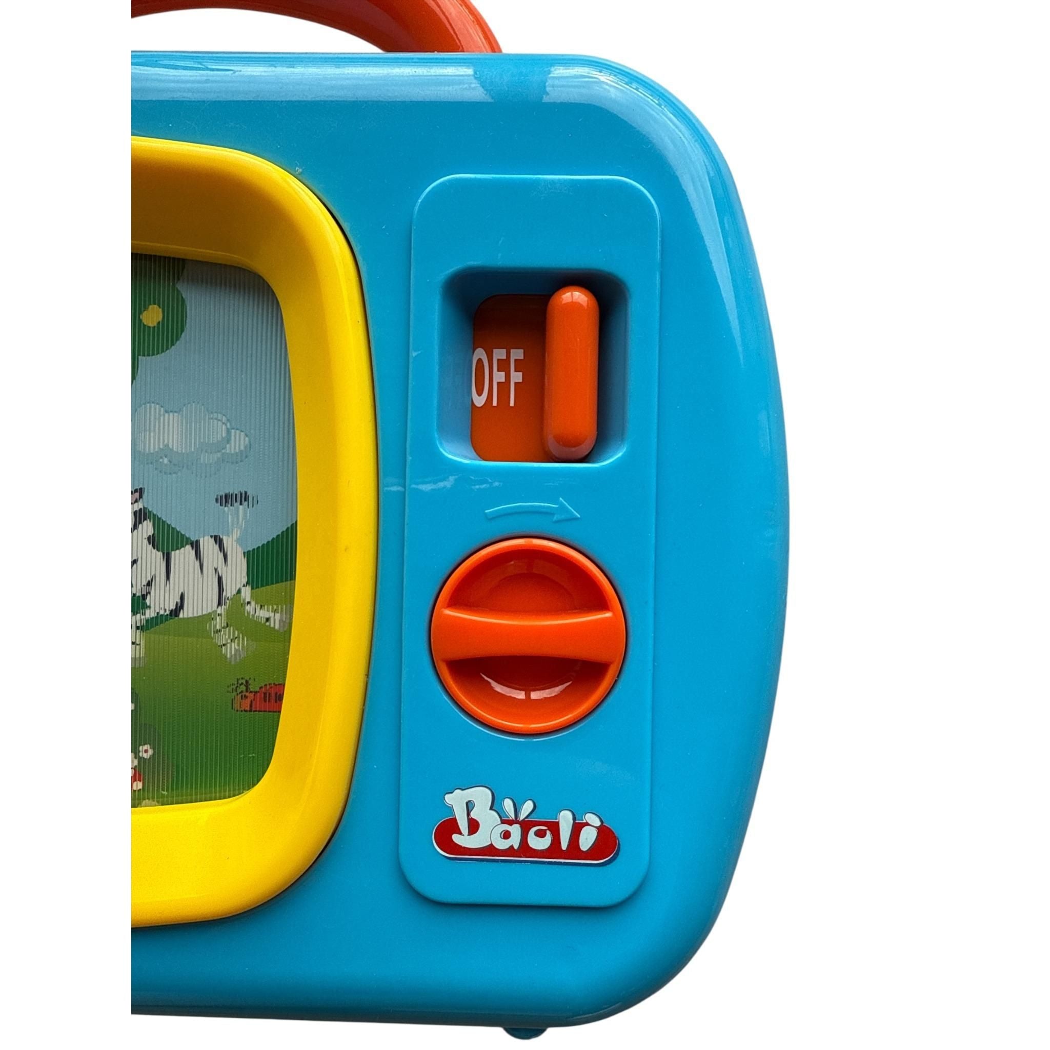 Children's toy TV with colorful buttons and a small screen displaying an image of a farm.