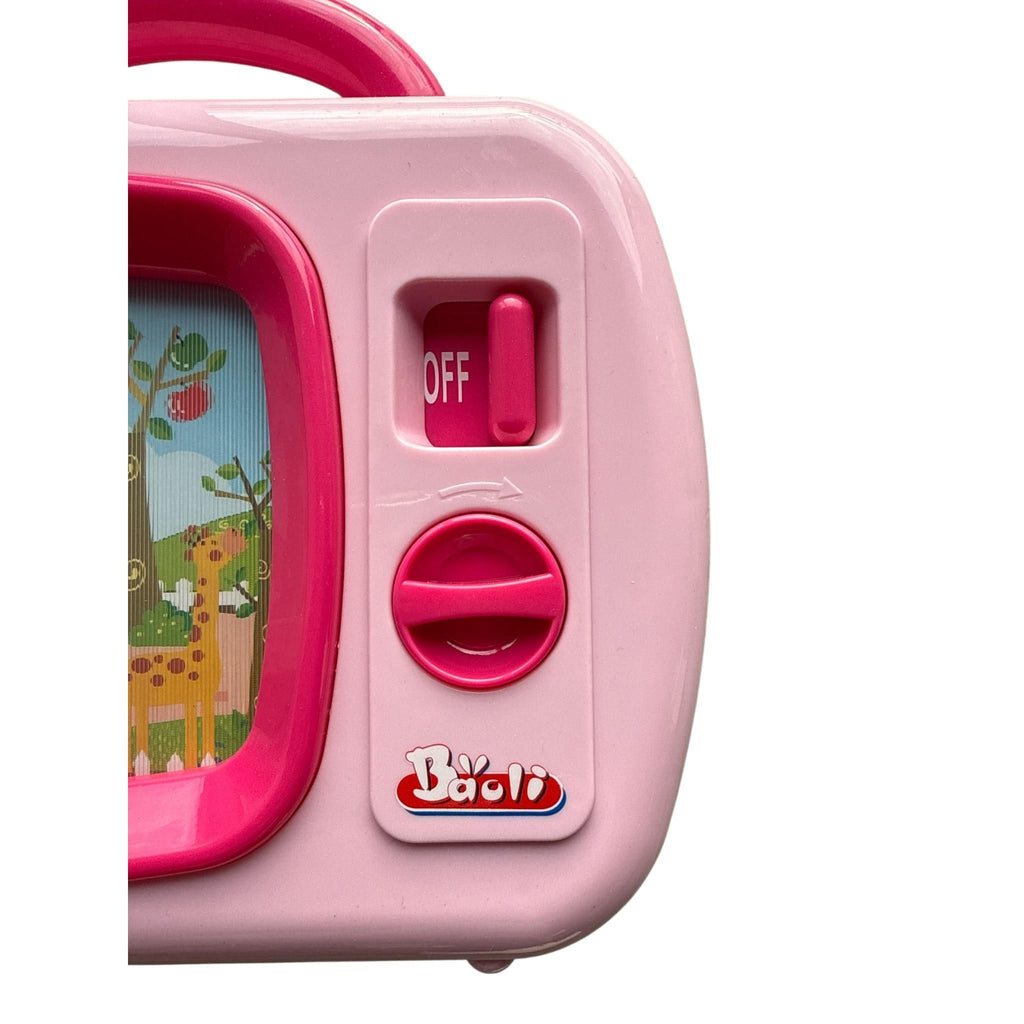 Pink toy electronic device with a screen and switch on a white background