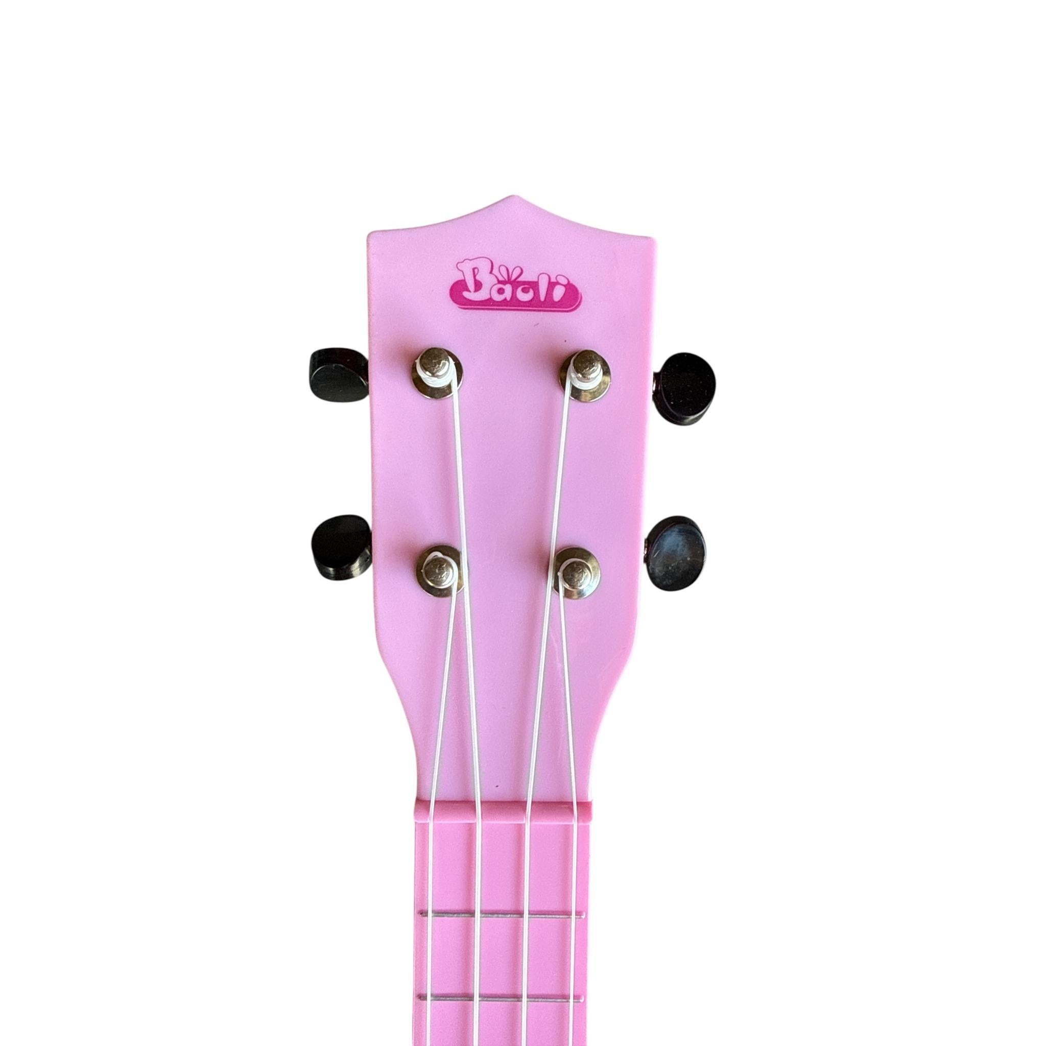 Pink ukulele headstock with tuning pegs on a white background