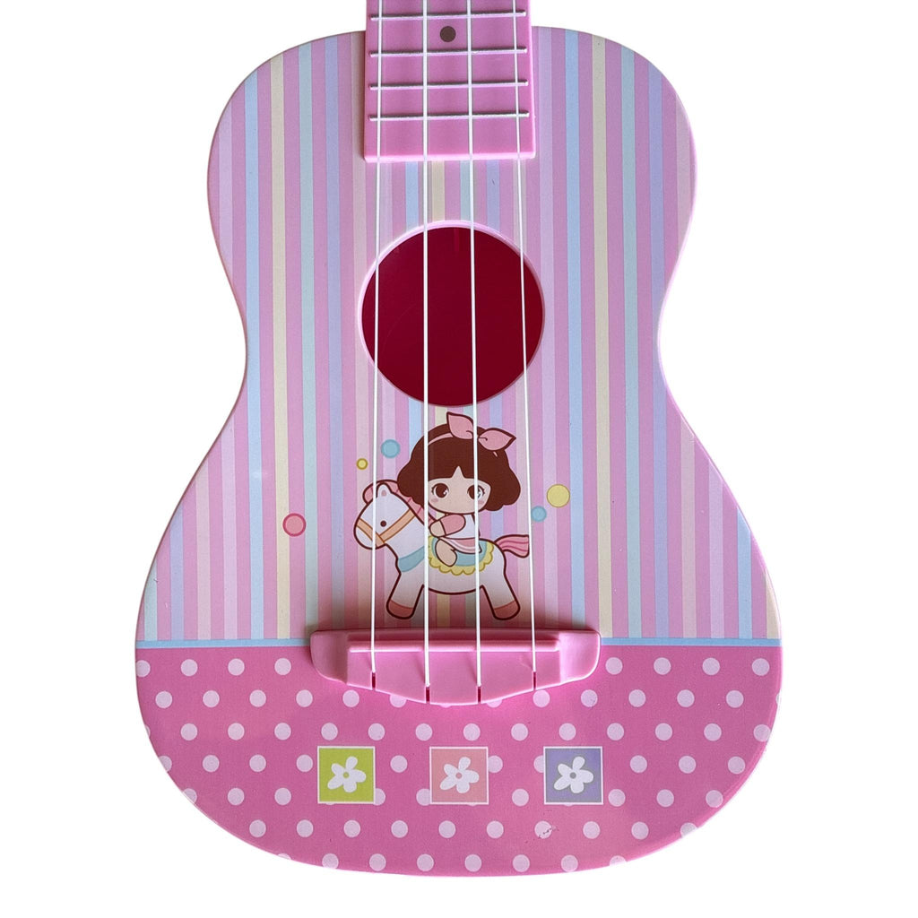 Children's ukulele with pink and purple striped design and cartoon character on a white background