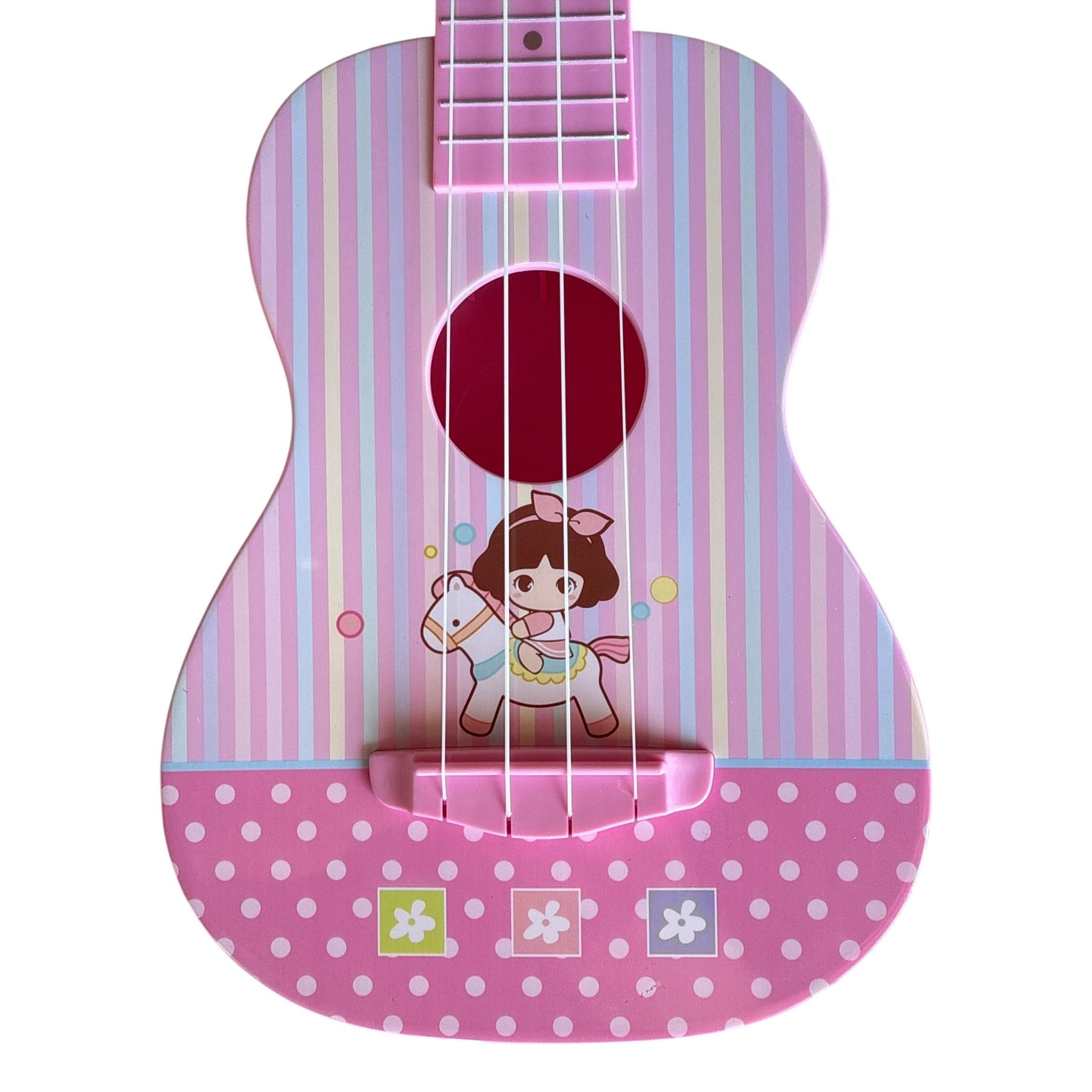 Children's ukulele with pink and purple striped design and cartoon character on a white background