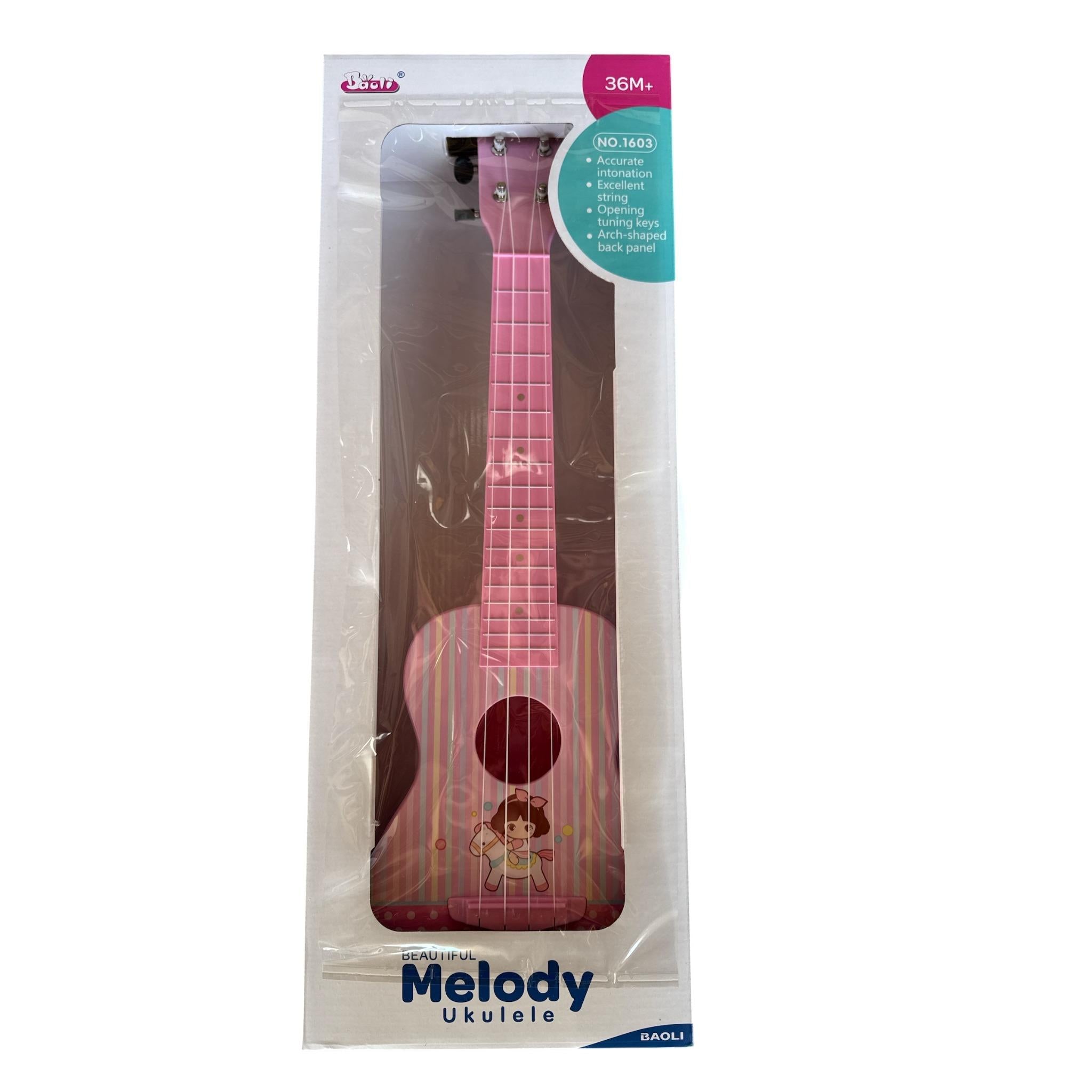 Pink ukulele in packaging with 'Melody' branding on a white background