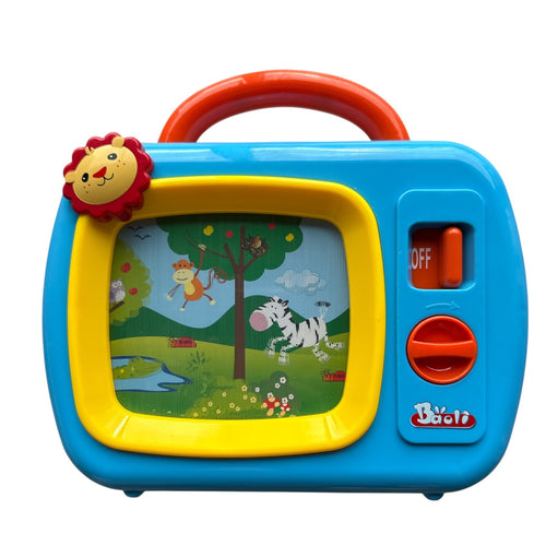Colorful toy TV with cartoon characters on a white background