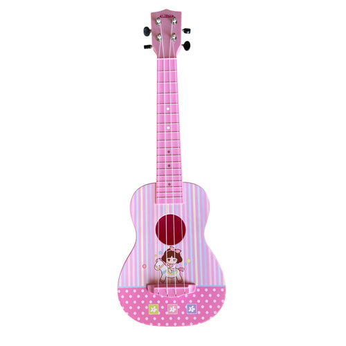 Pink children's ukulele with cartoon character on a white background