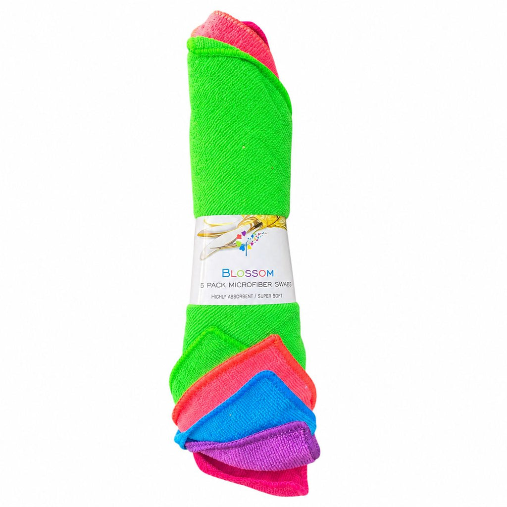 Set of colorful microfiber cloths with a 'Blossom' brand label on a white background