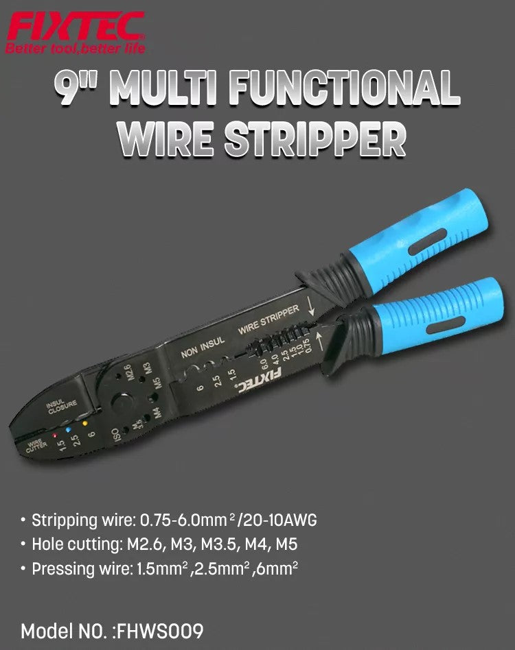 9-inch multi-functional wire stripper with blue handles on a gray background