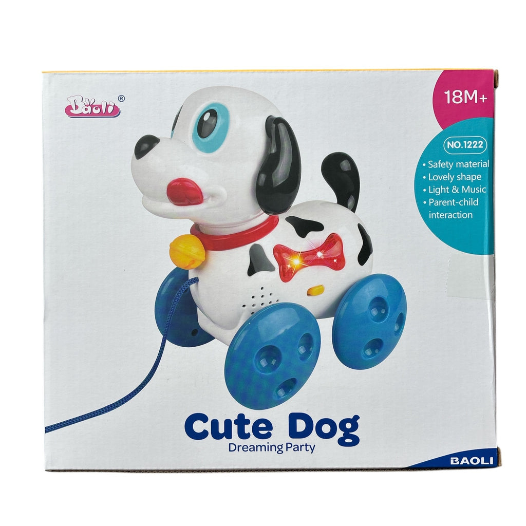 Box of a toy dog with blue wheels and colorful features on a white background
