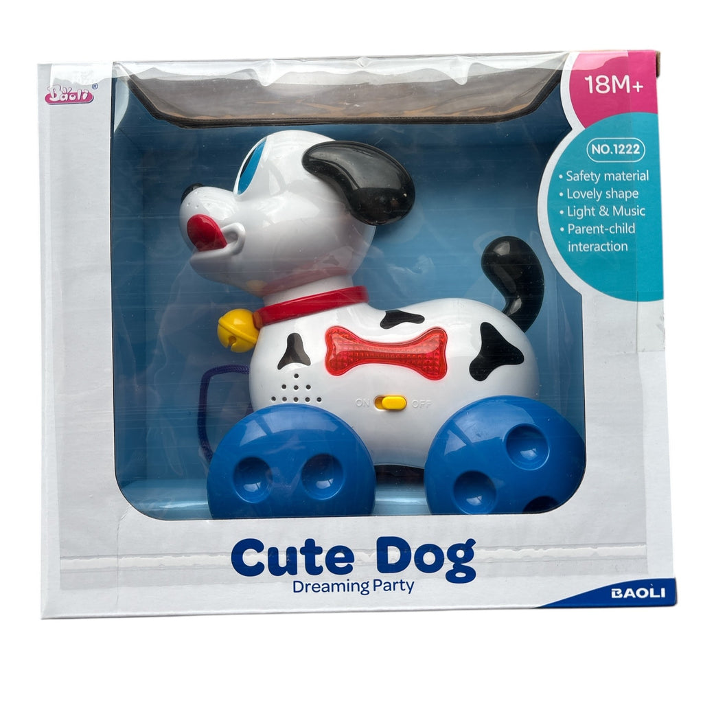 Toy dog packaging with 'Cute Dog Dreaming Party' text on a white background
