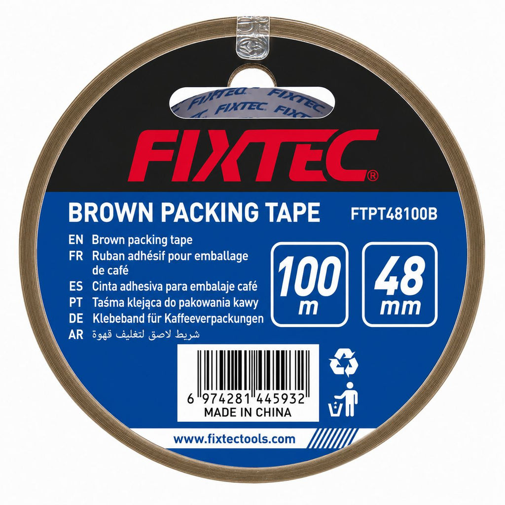 Fixtec brown packing tape with label on a white background