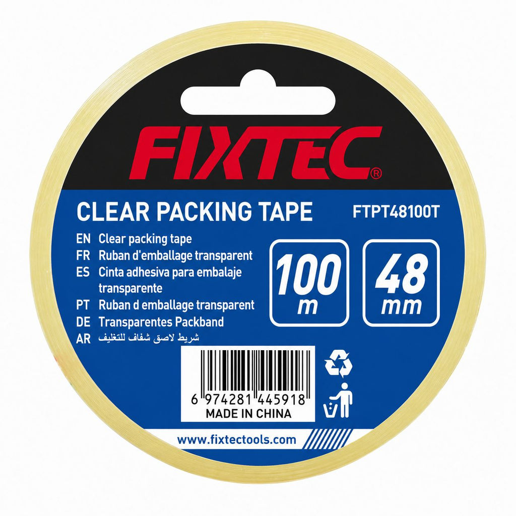 Fixtec clear packing tape with label on a white background