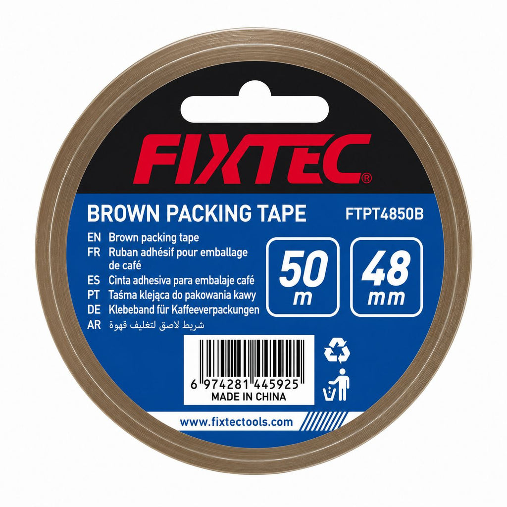 Brown packing tape with Fixtec branding on a white background
