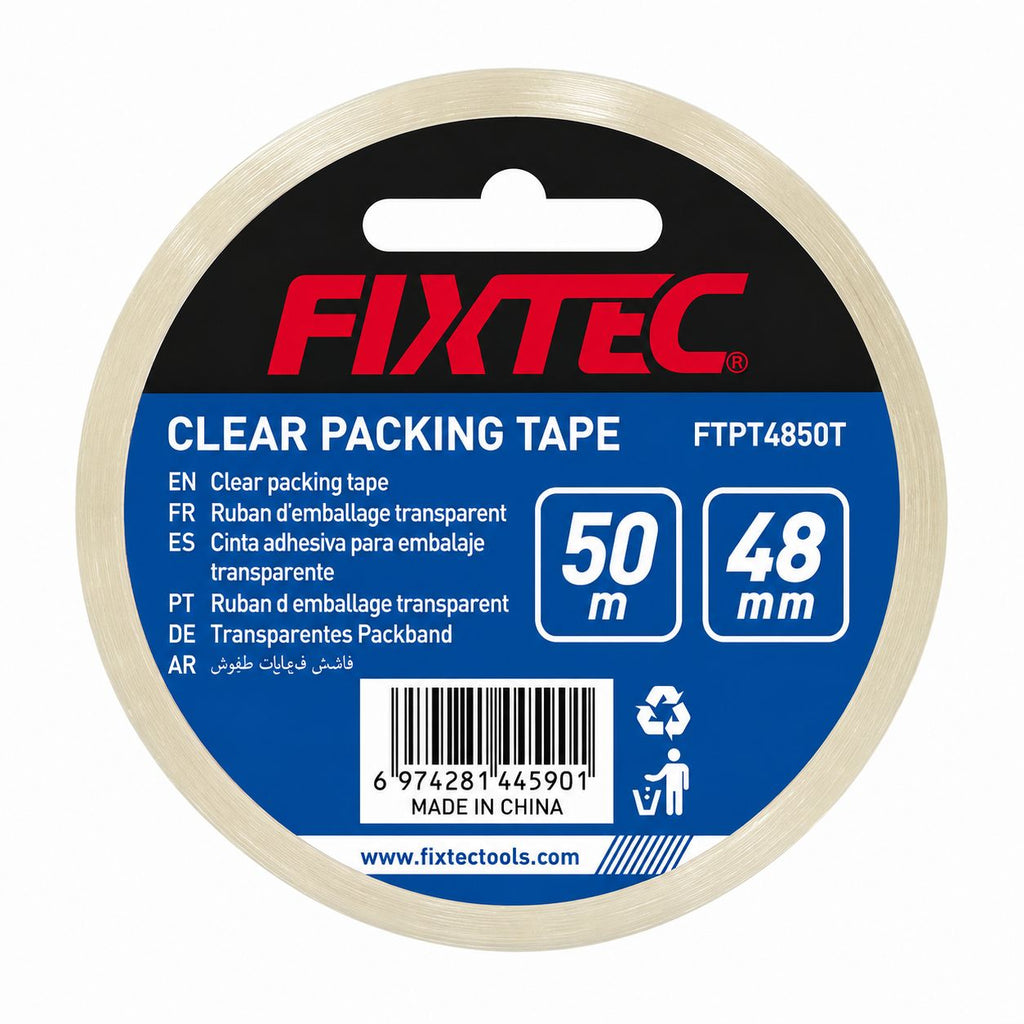 Clear packing tape with FIXTEC branding on a white background