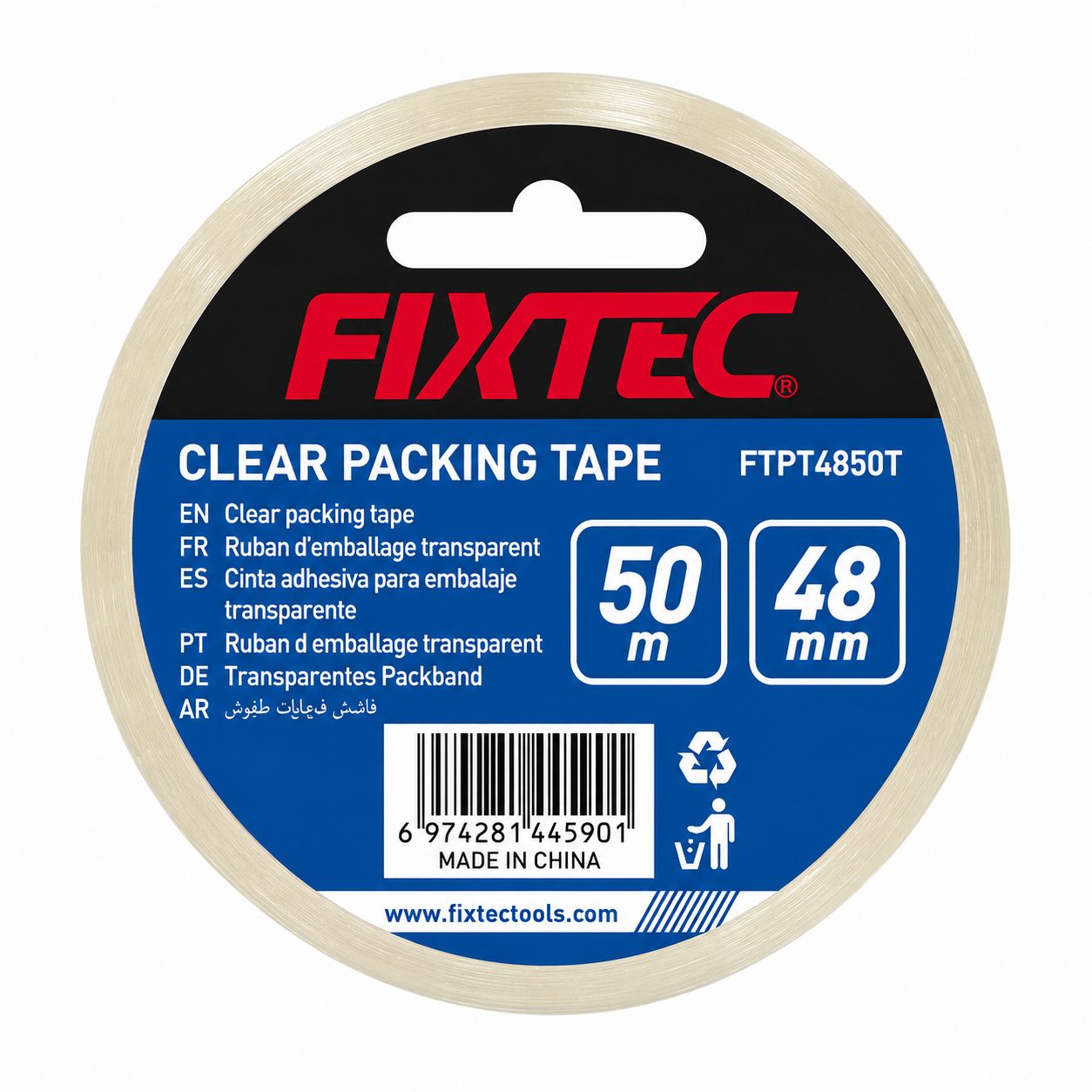 Clear packing tape with FIXTEC branding on a white background