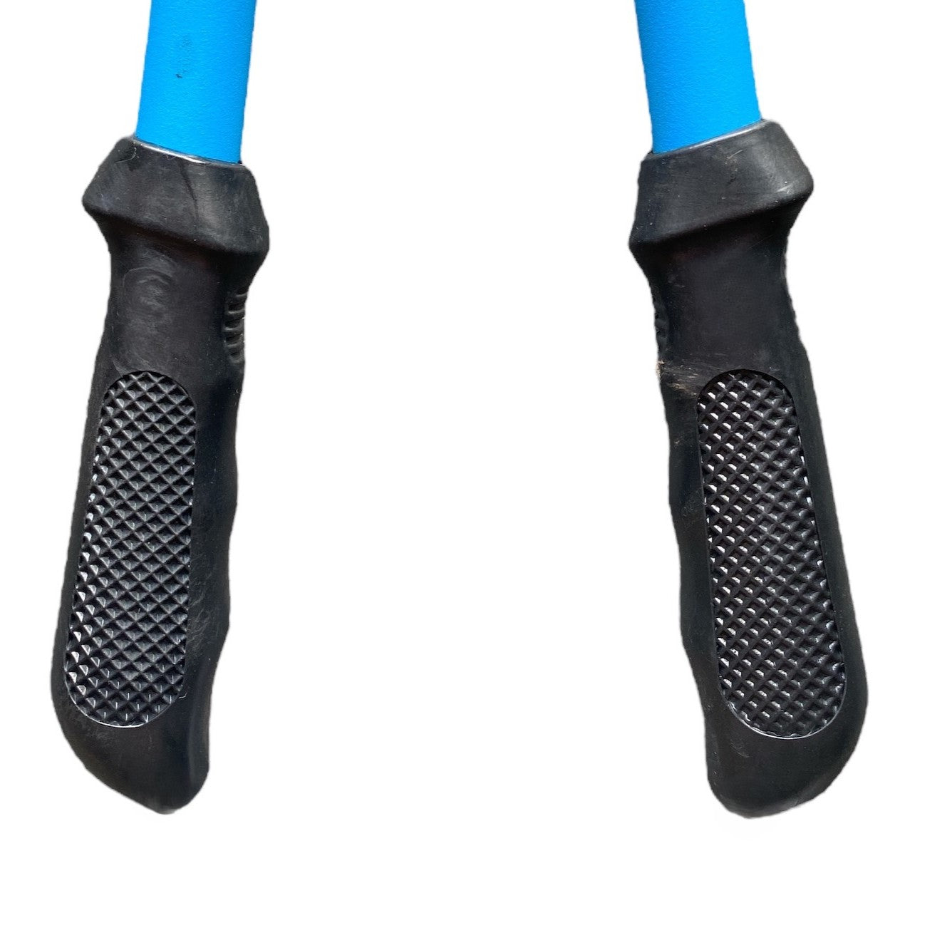 Black gardening gloves with blue handles on a white background