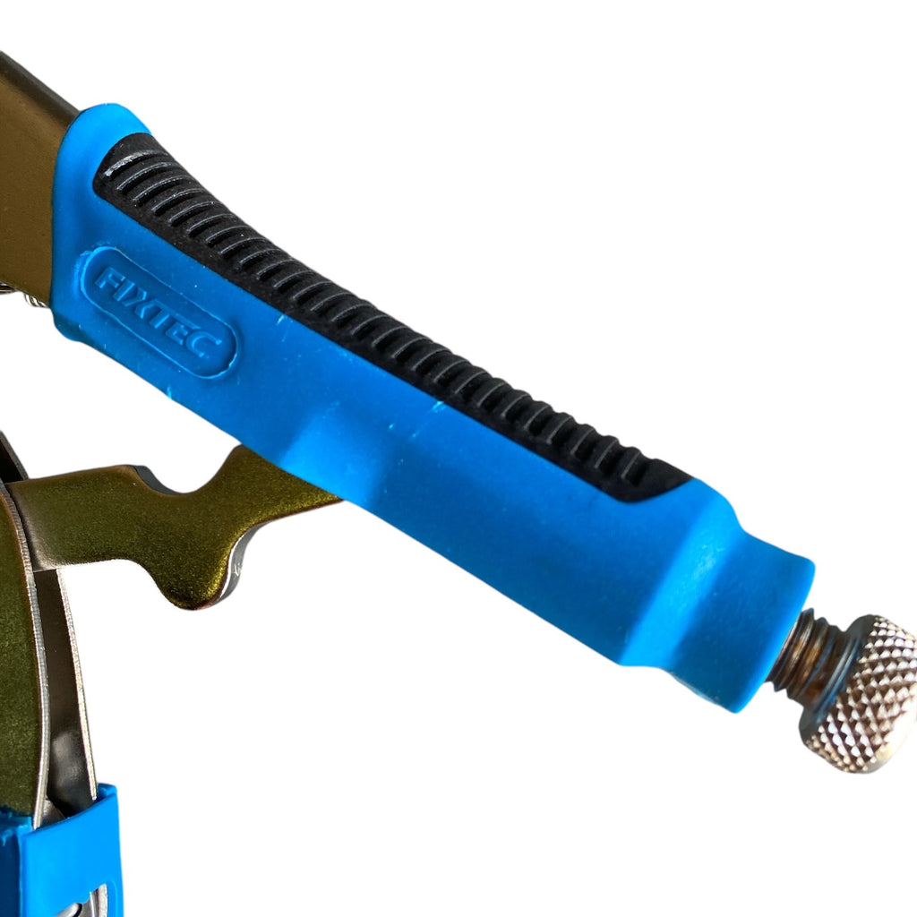 Close-up of a blue and black archery bow nocking block on a white background