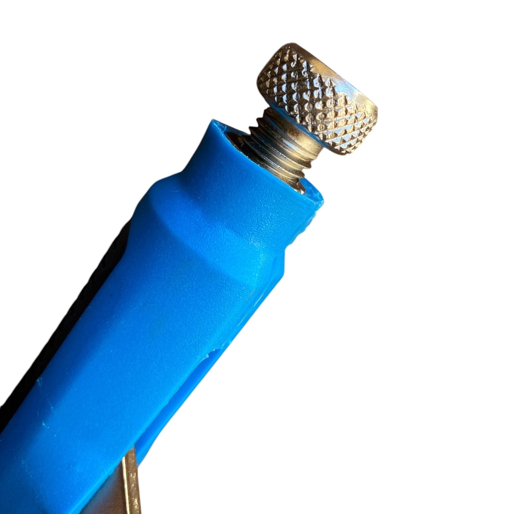 Blue spray gun with a gold nozzle on a white background