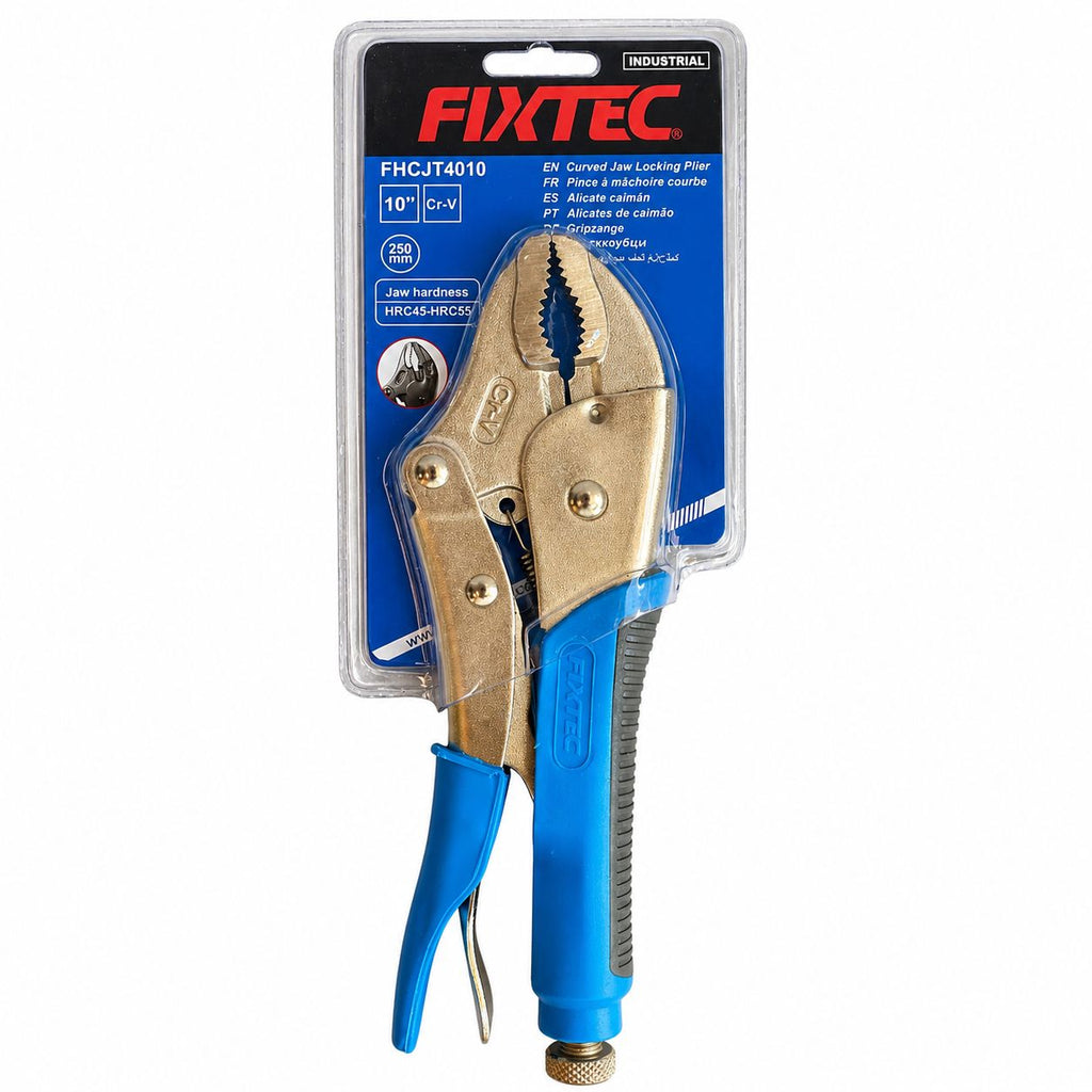 Pair of locking pliers with blue handles in packaging on a white background