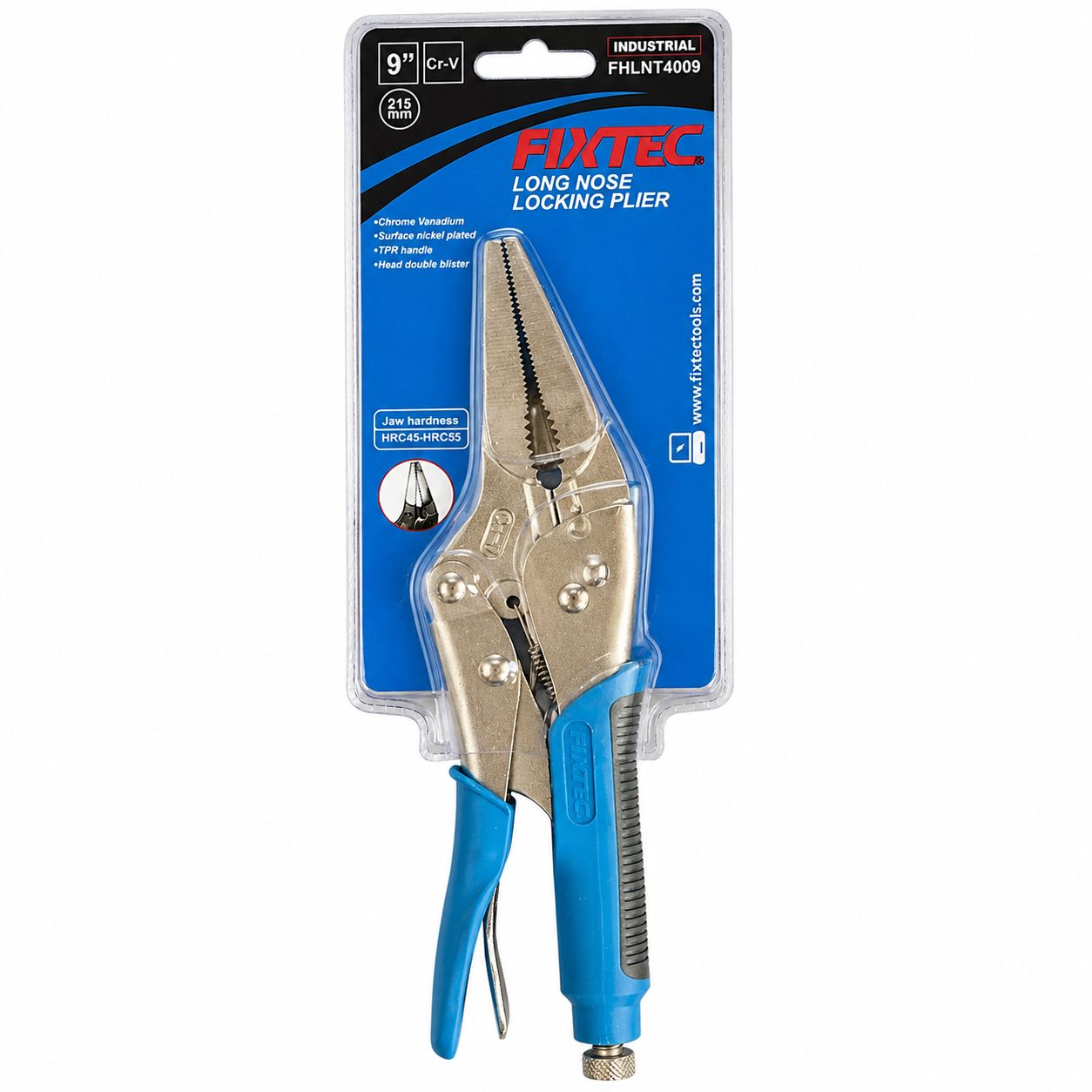 Fixtec long nose locking plier with blue handles on a white background