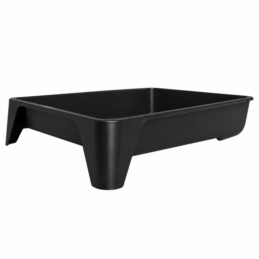 Black plastic planter box on a white background