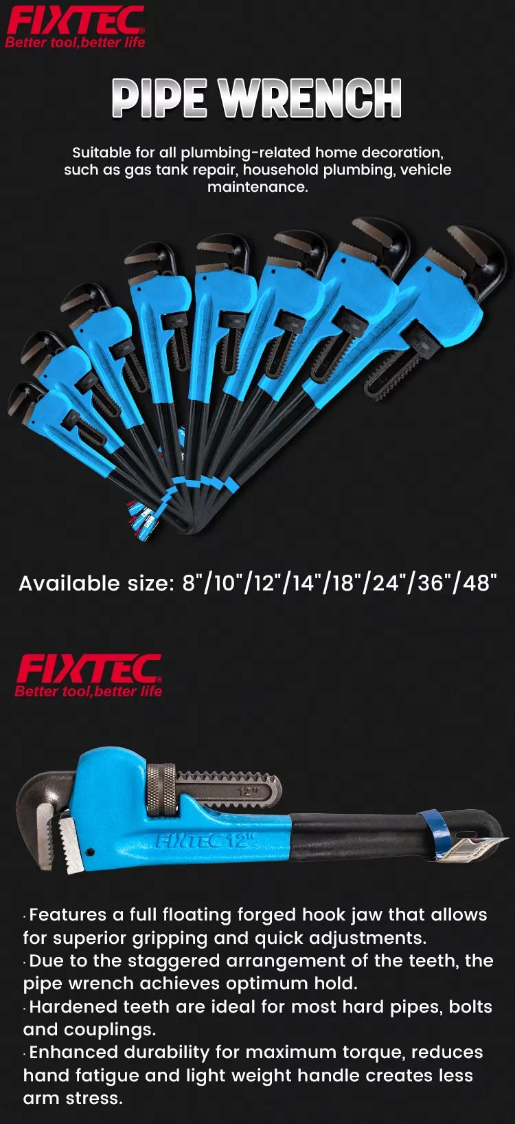 Fixtec 48" 1200mm Industrial Pipe Wrench