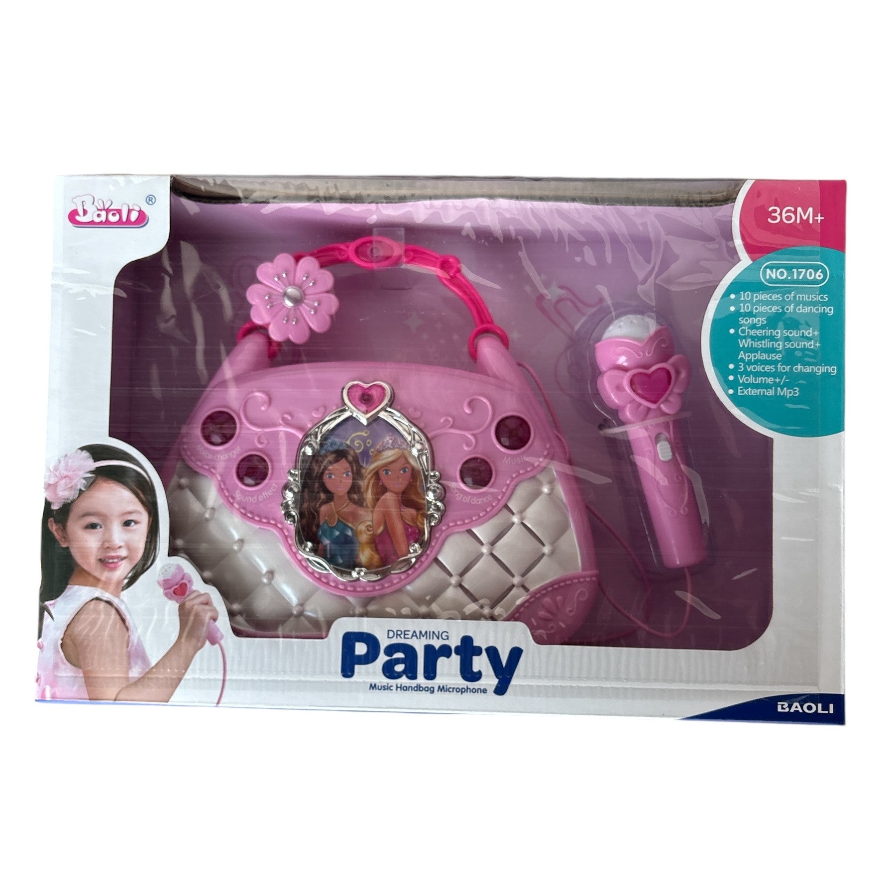 Pink toy music handheld microphone set in packaging with a child's face on the side.