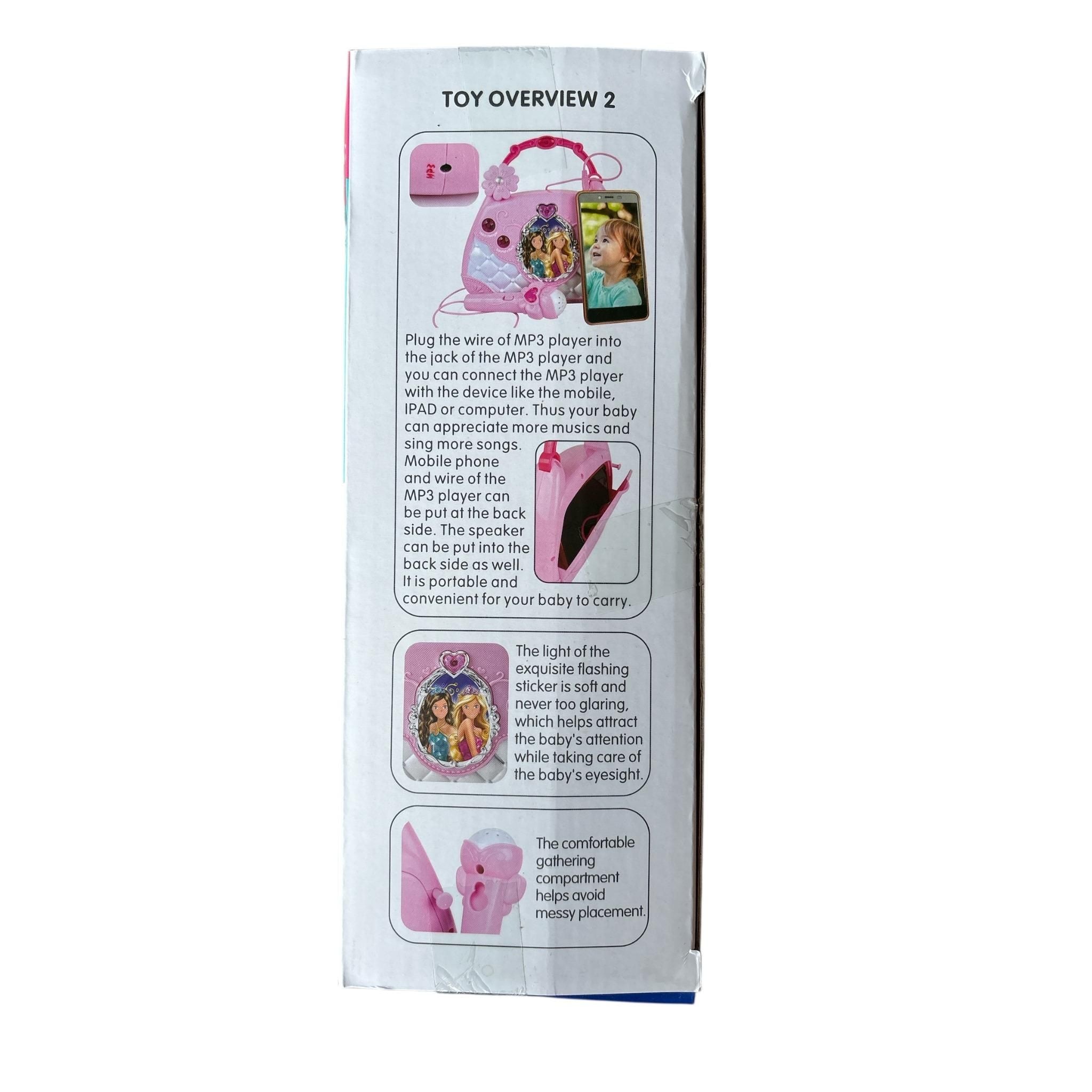 Back view of a toy packaging with text and images of a baby toy and accessories.