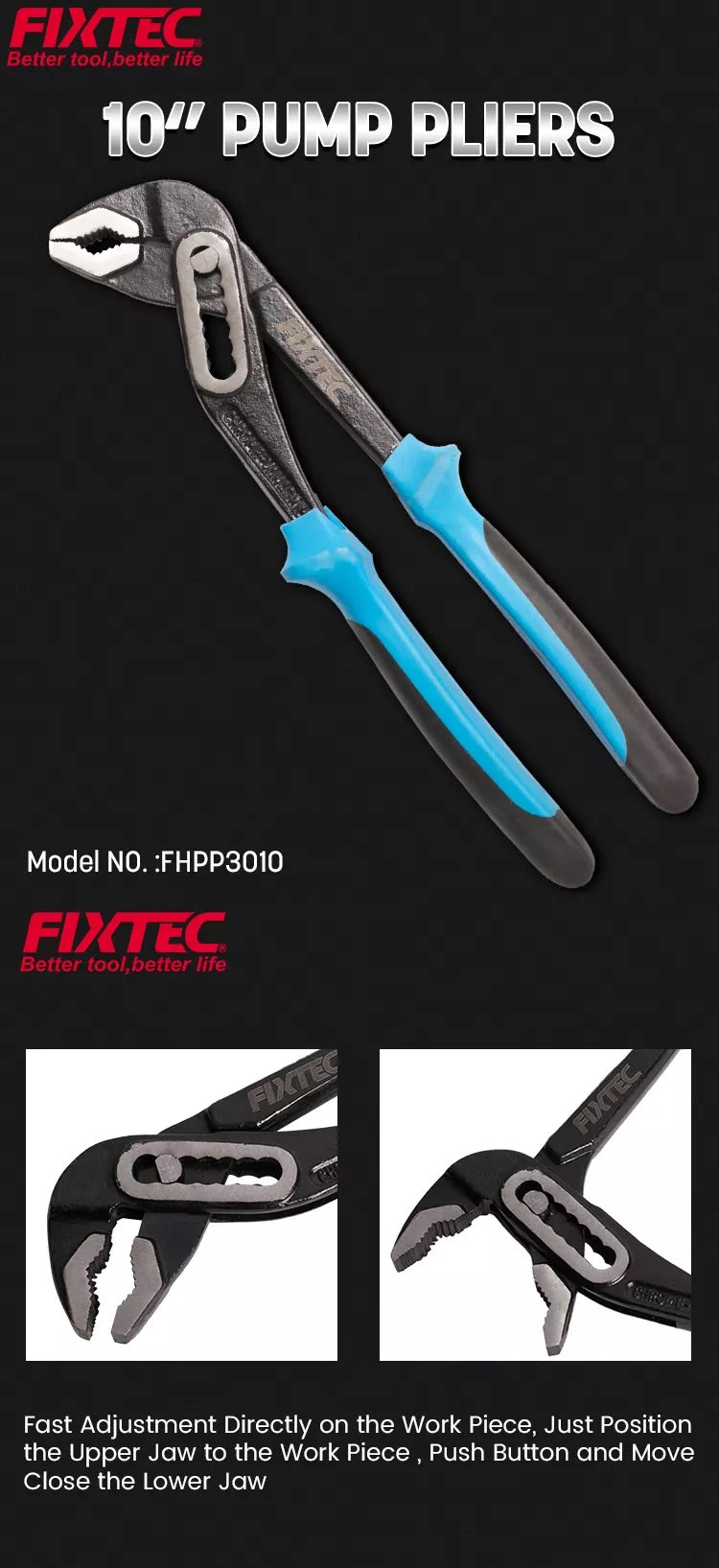 10-inch pump pliers with blue accents on a black background, featuring Fixtec branding.