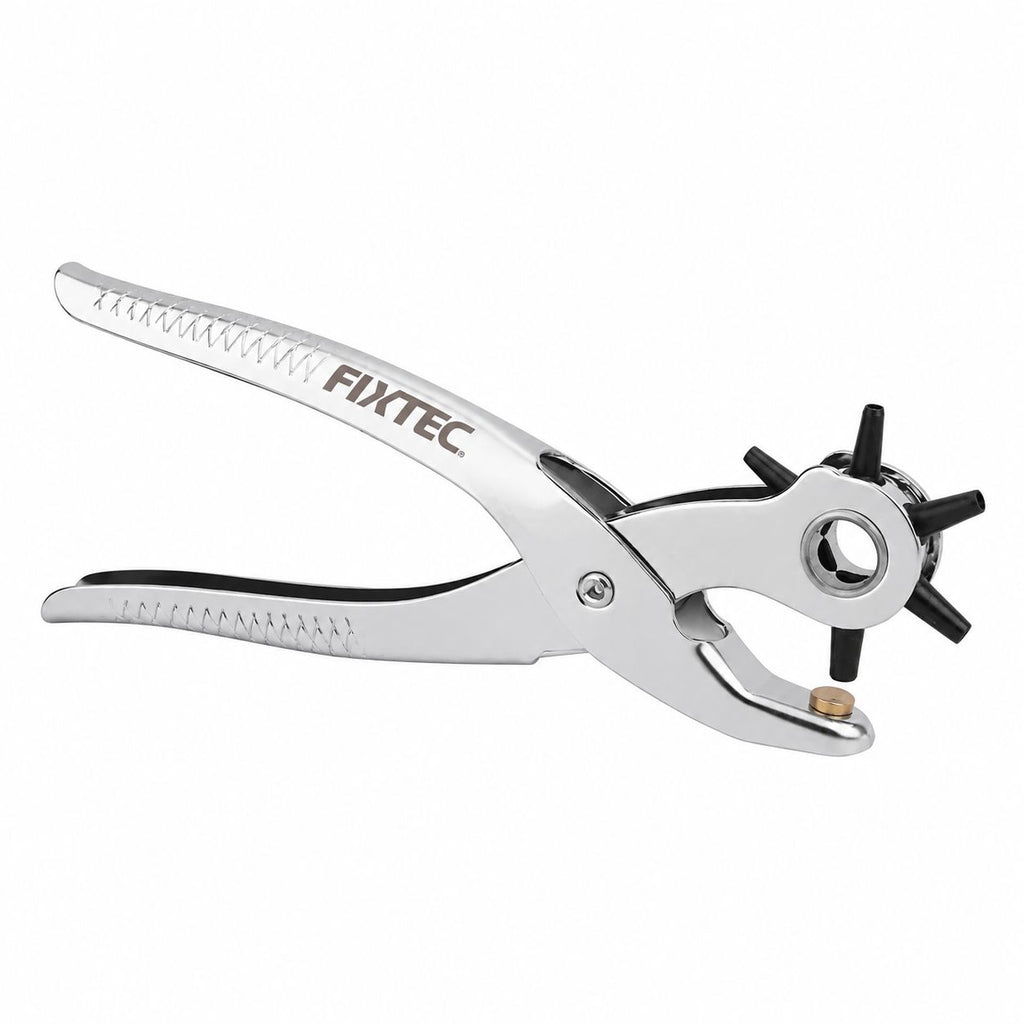 Metal hole punch with 'FIXTEC' branding on a white background